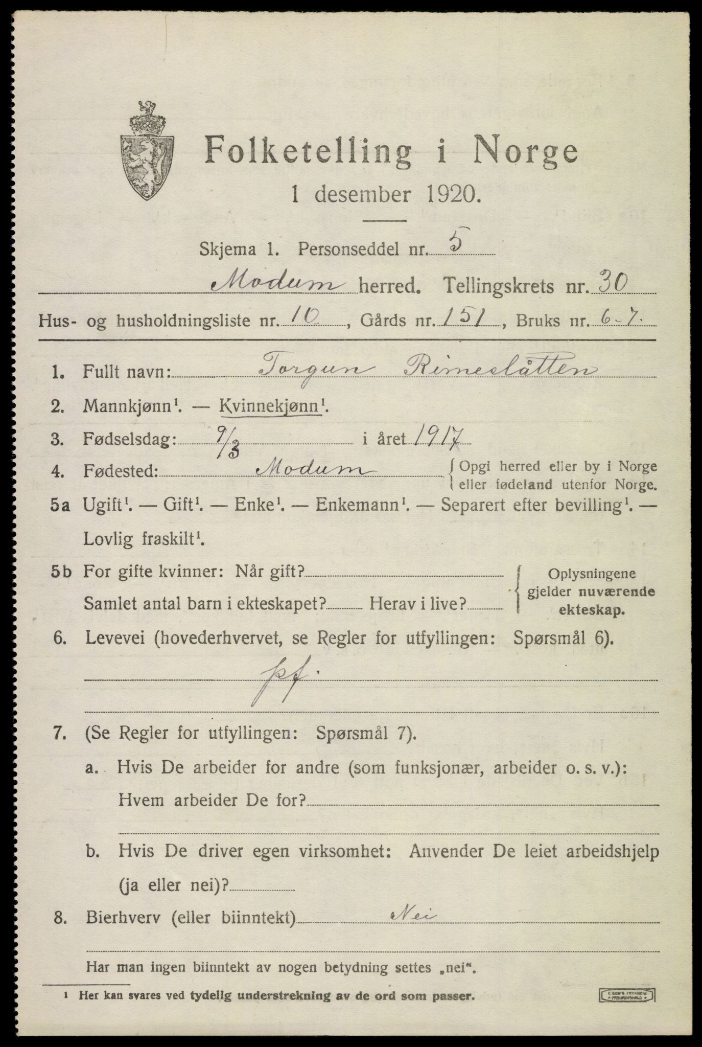 SAKO, 1920 census for Modum, 1920, p. 27761