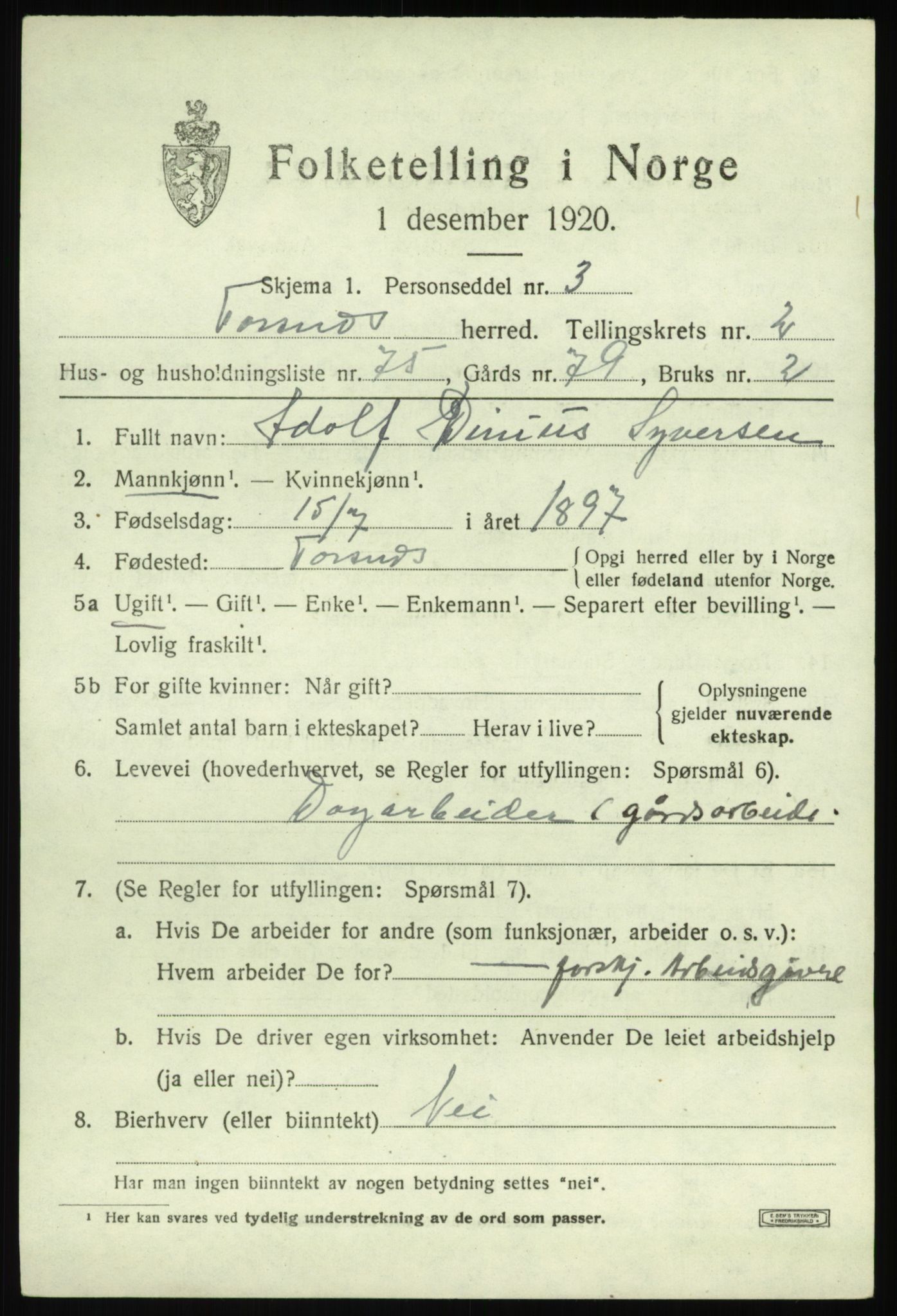 SAO, 1920 census for Torsnes, 1920, p. 2733