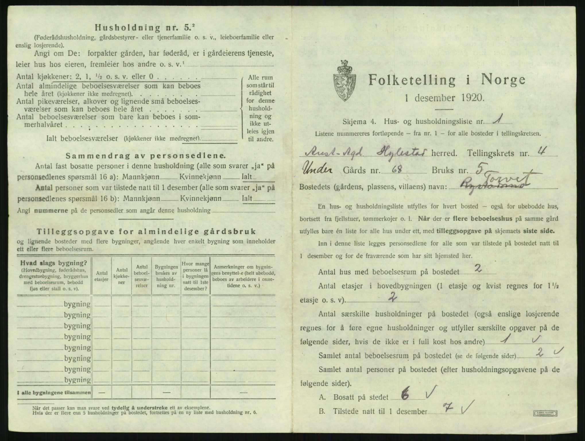 SAK, 1920 census for Hylestad, 1920, p. 186