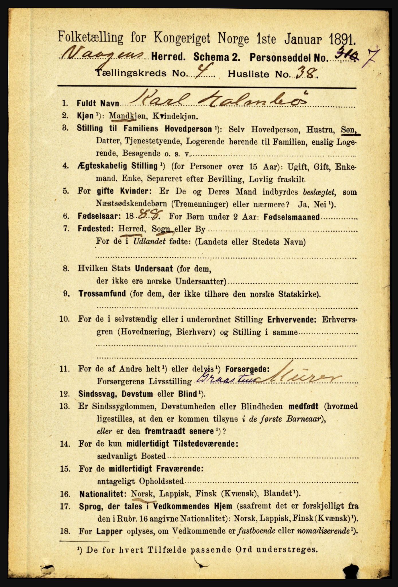 RA, 1891 census for 1865 Vågan, 1891, p. 1250