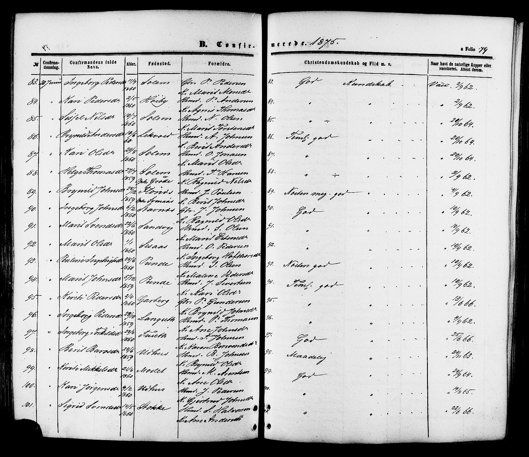 Ministerialprotokoller, klokkerbøker og fødselsregistre - Sør-Trøndelag, SAT/A-1456/695/L1147: Parish register (official) no. 695A07, 1860-1877, p. 79