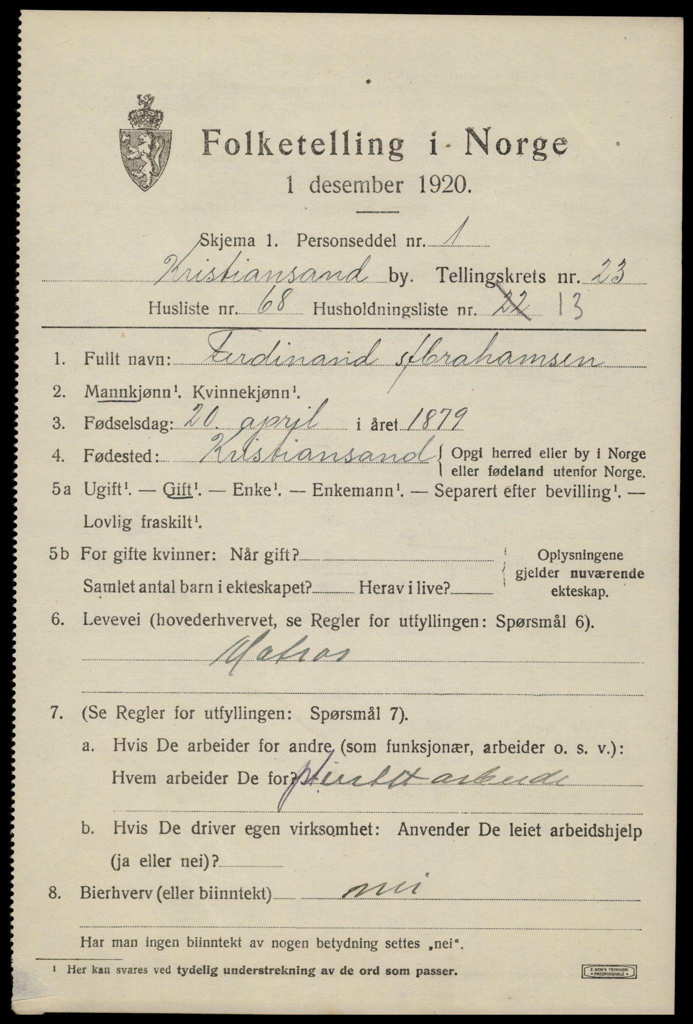 SAK, 1920 census for Kristiansand, 1920, p. 41663