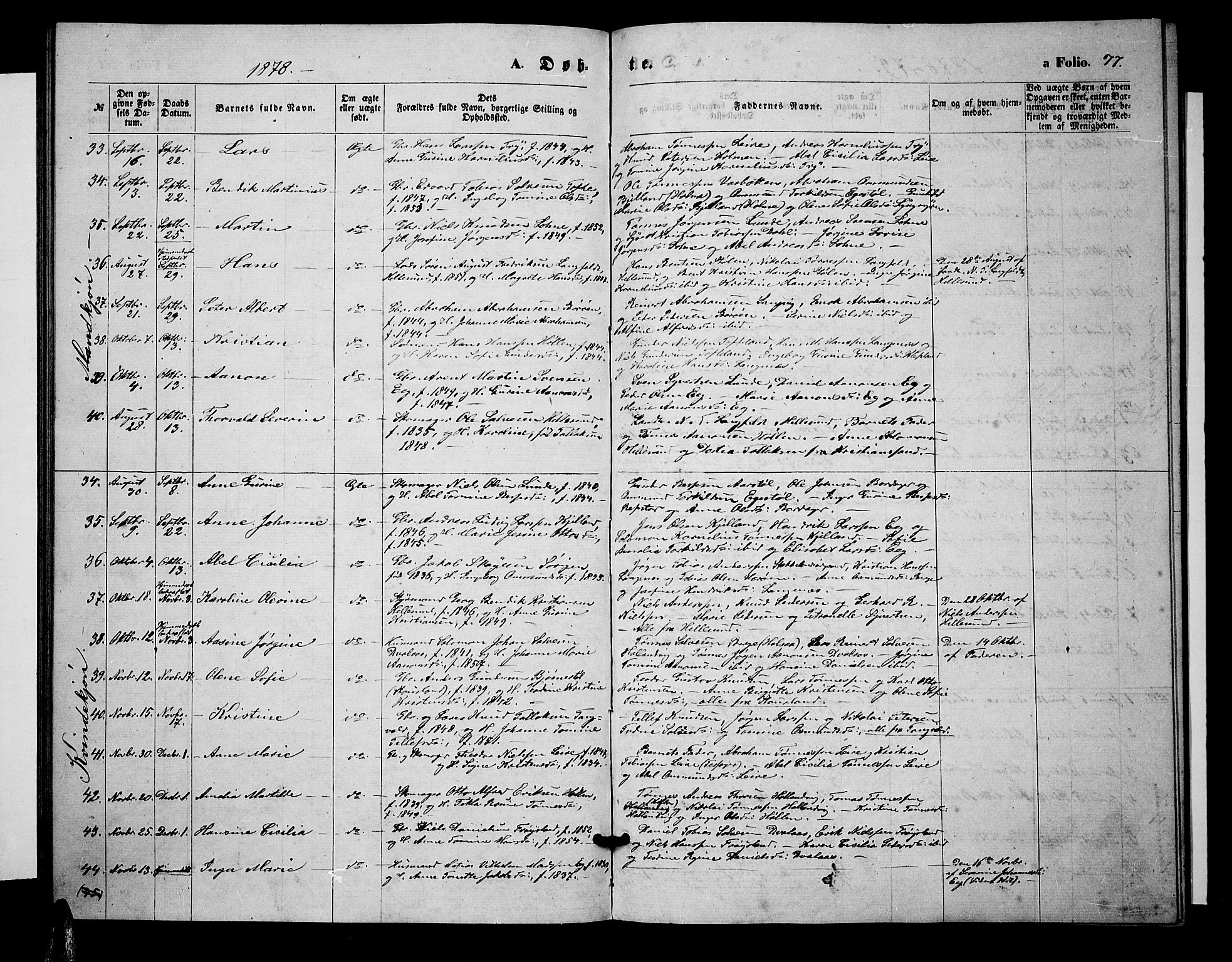 Søgne sokneprestkontor, SAK/1111-0037/F/Fb/Fbb/L0004: Parish register (copy) no. B 4, 1864-1883, p. 77