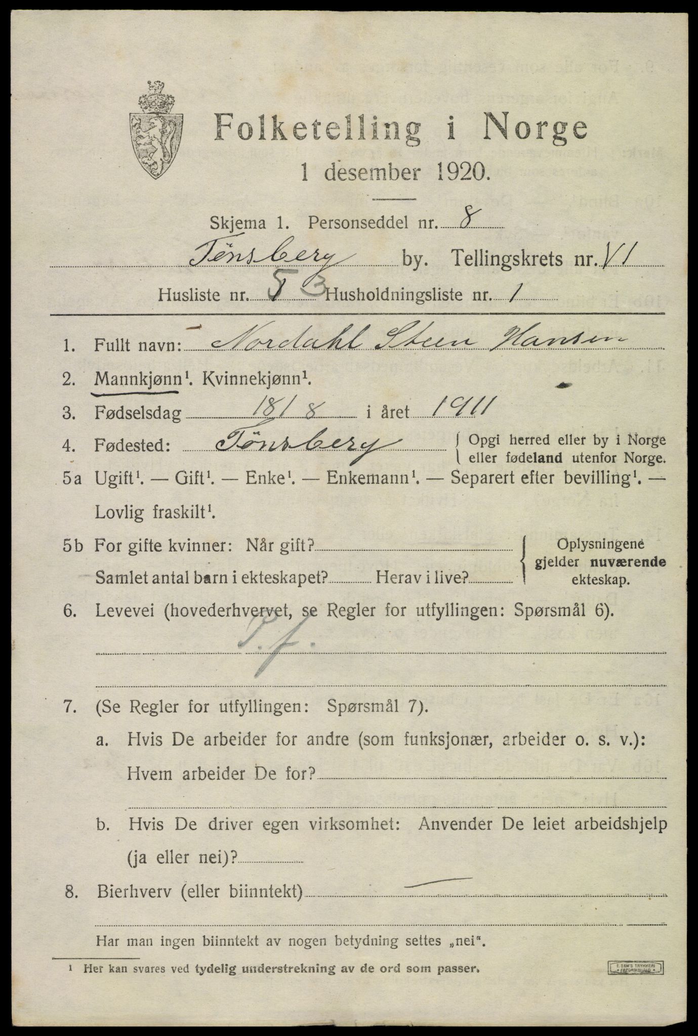 SAKO, 1920 census for Tønsberg, 1920, p. 15323