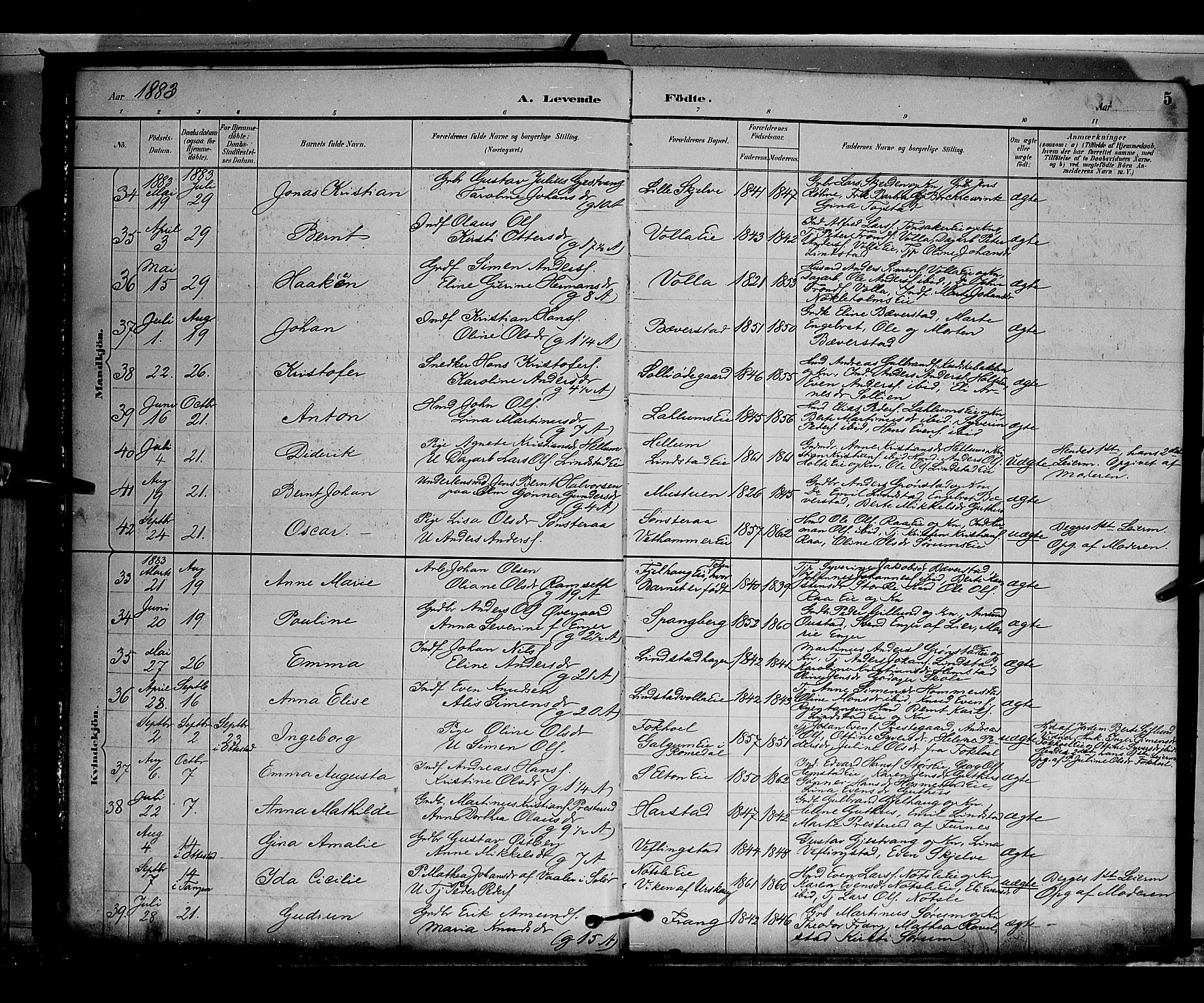 Stange prestekontor, AV/SAH-PREST-002/L/L0009: Parish register (copy) no. 9, 1883-1899, p. 5