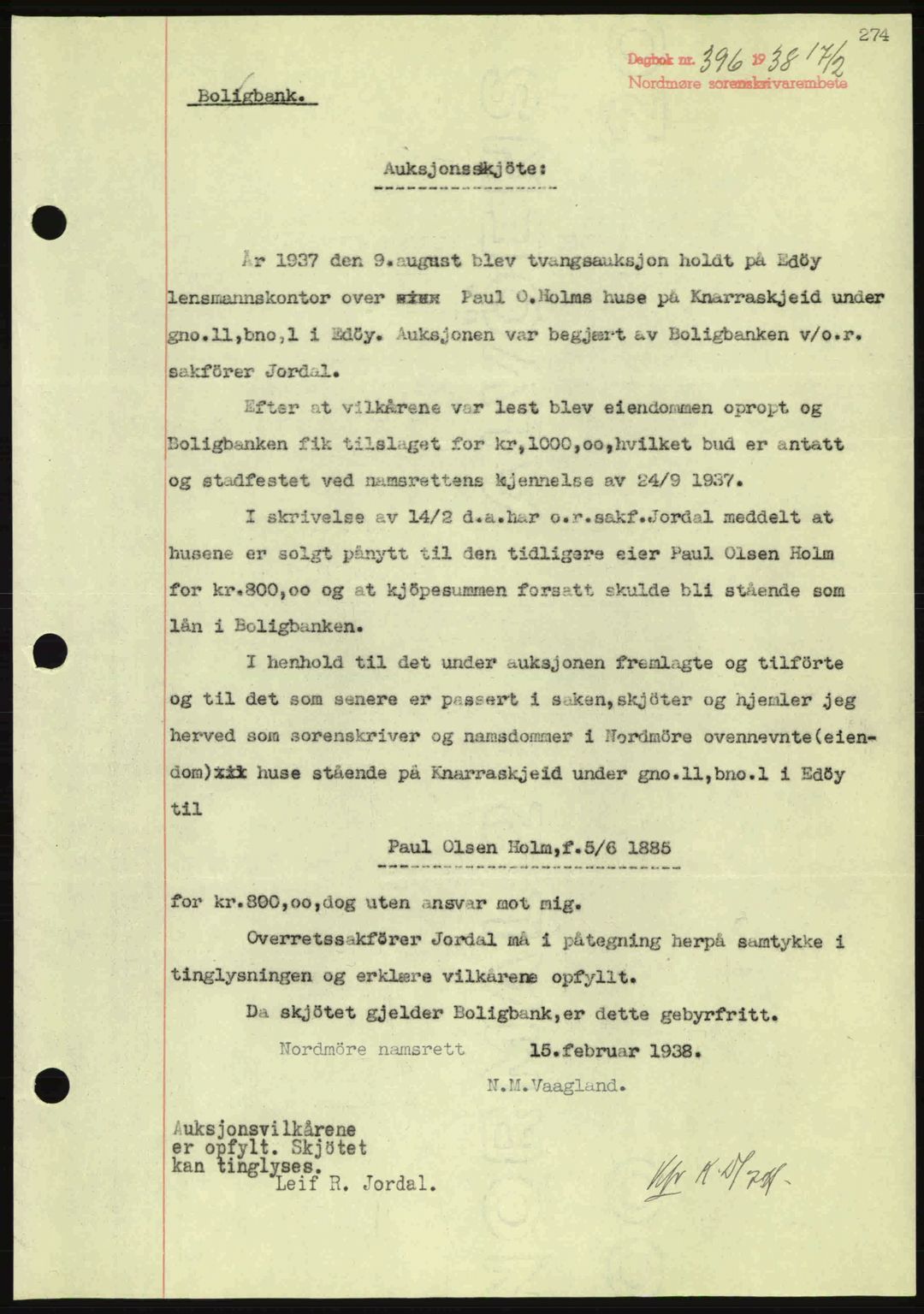 Nordmøre sorenskriveri, AV/SAT-A-4132/1/2/2Ca: Mortgage book no. A83, 1938-1938, Diary no: : 396/1938