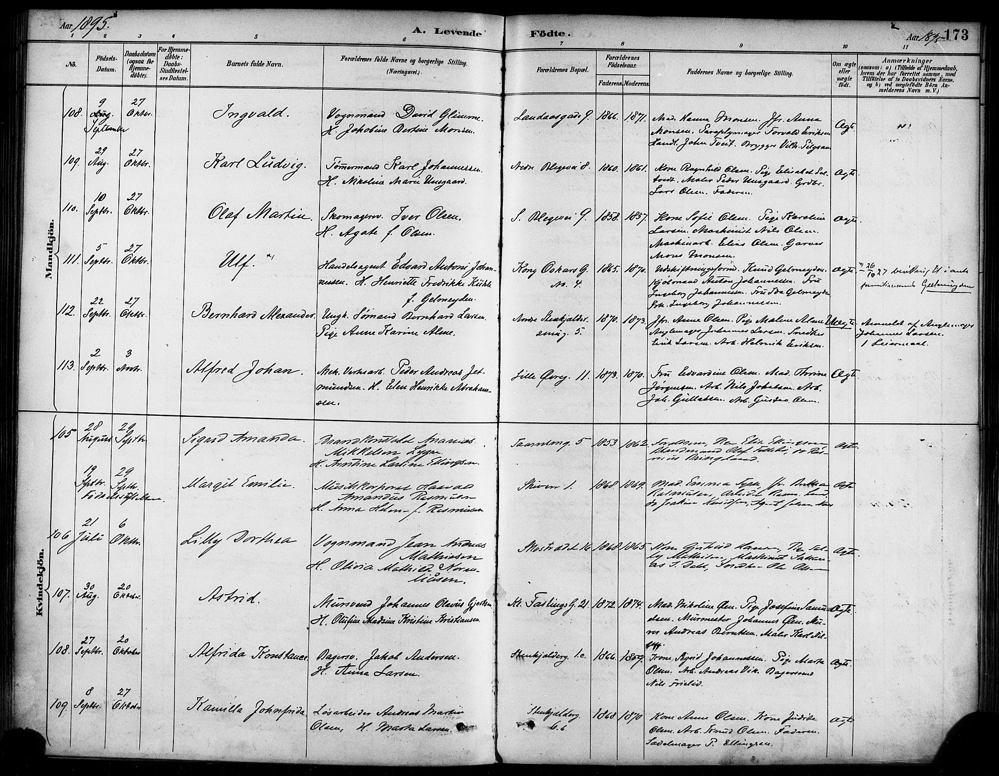 Korskirken sokneprestembete, SAB/A-76101/H/Haa/L0022: Parish register (official) no. B 8, 1889-1899, p. 173