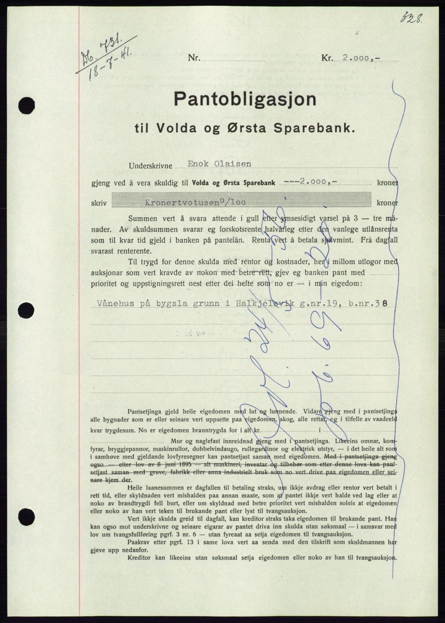 Søre Sunnmøre sorenskriveri, AV/SAT-A-4122/1/2/2C/L0071: Mortgage book no. 65, 1941-1941, Diary no: : 731/1941