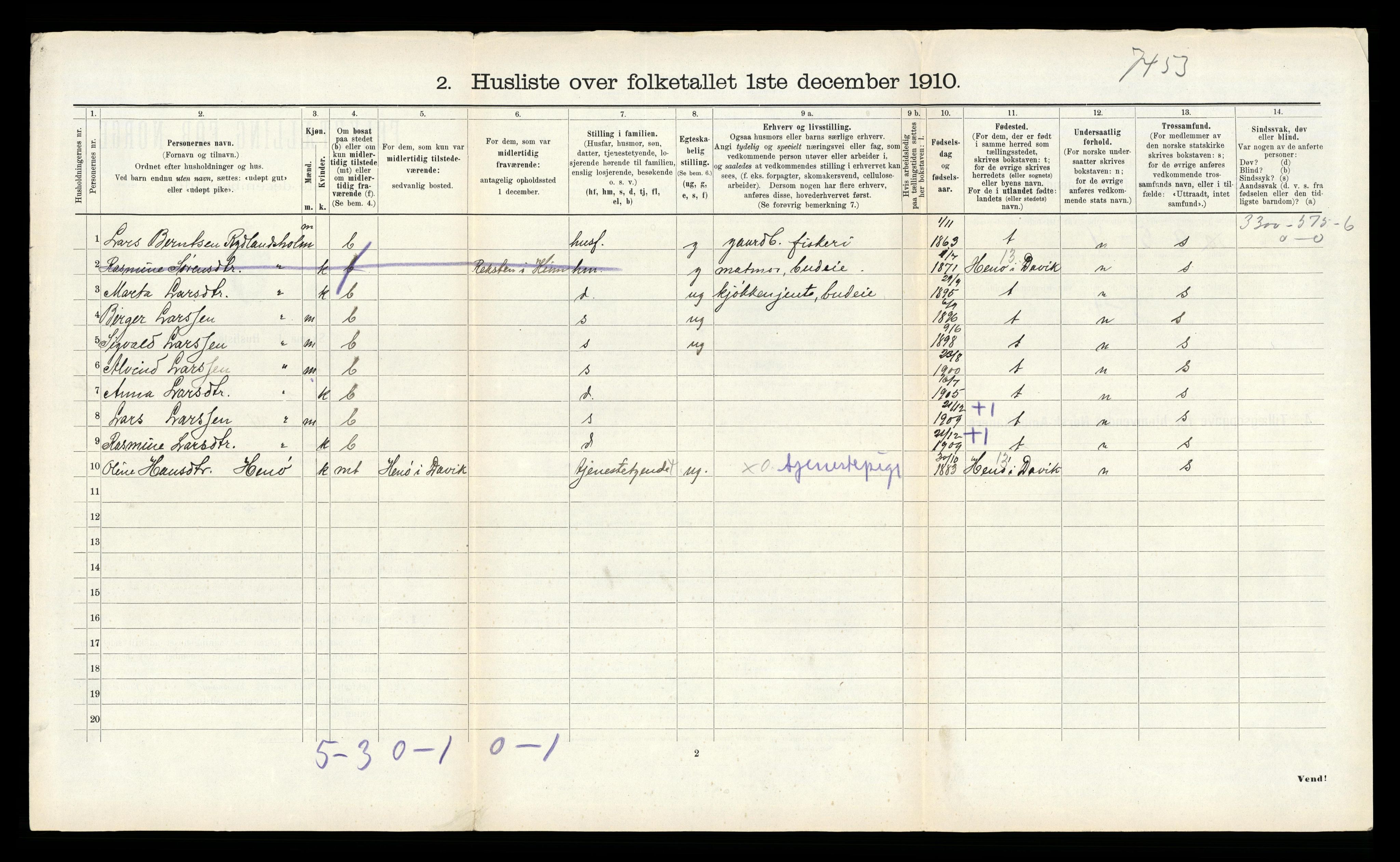 RA, 1910 census for Bremanger, 1910, p. 552