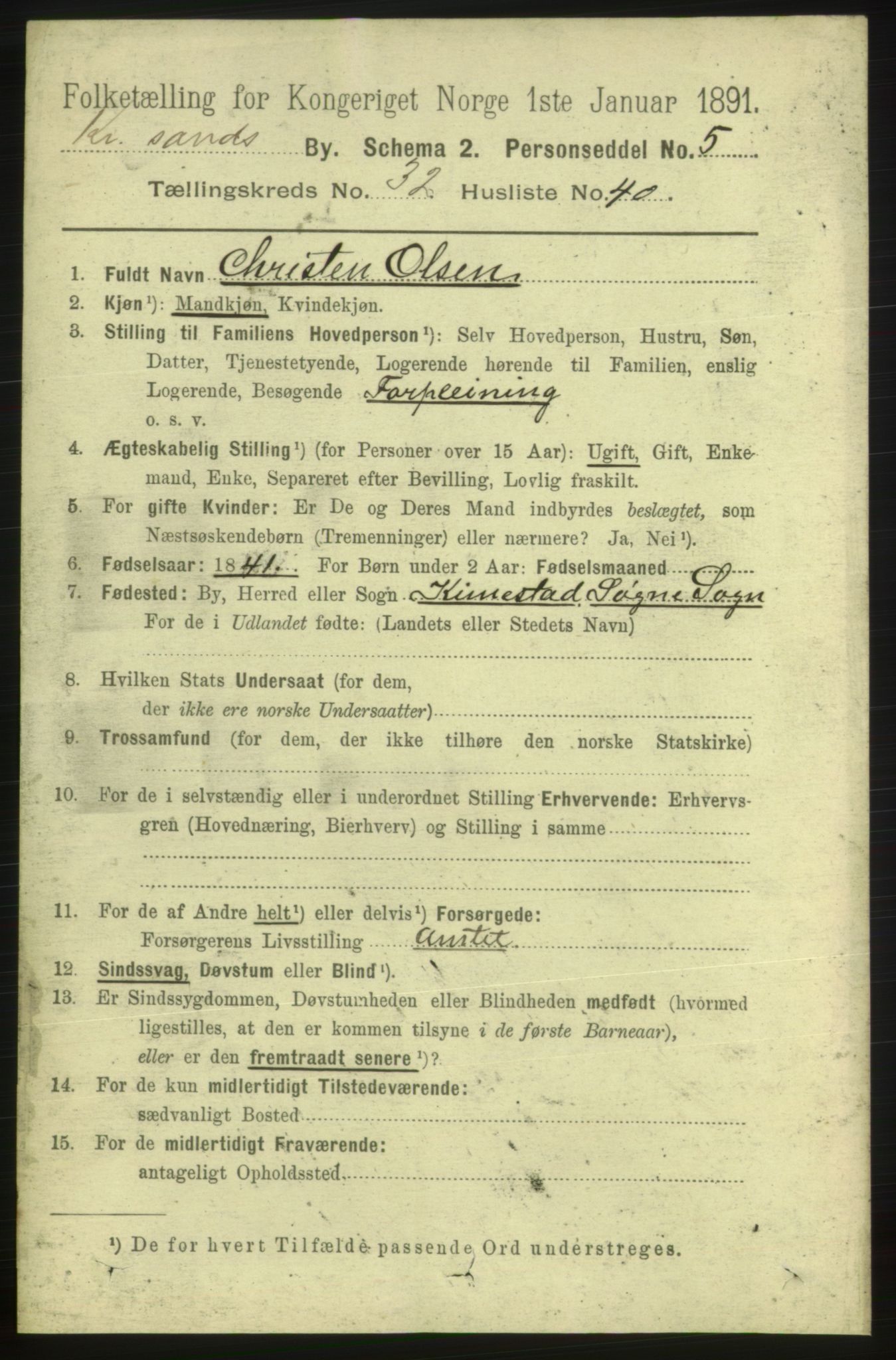 RA, 1891 census for 1001 Kristiansand, 1891, p. 10681