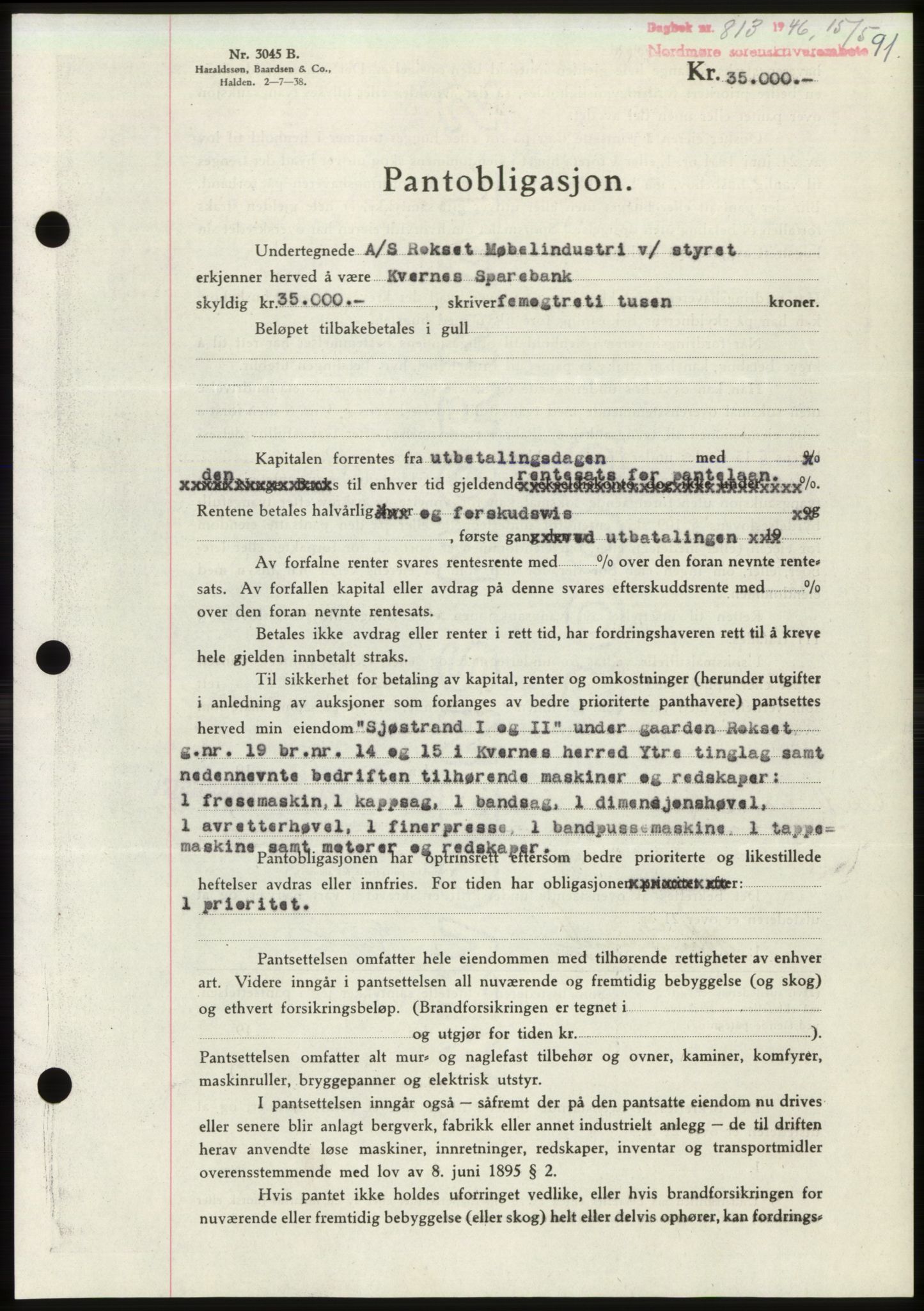 Nordmøre sorenskriveri, AV/SAT-A-4132/1/2/2Ca: Mortgage book no. B94, 1946-1946, Diary no: : 813/1946