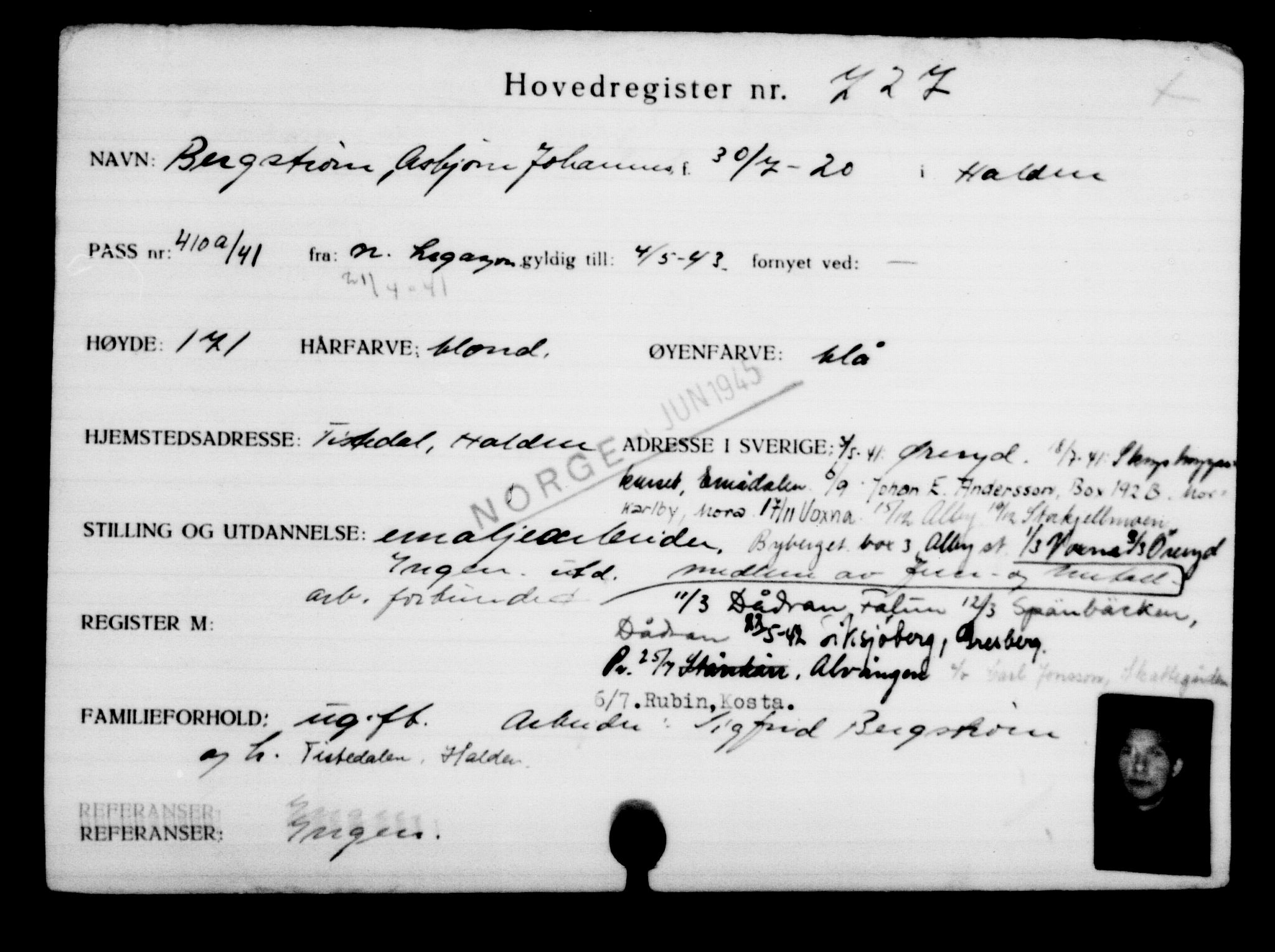 Utenriksstasjonene, Legasjonen i Stockholm, Flyktningkontoret, AV/RA-S-6753/V/Va/L0001: Kjesäterkartoteket, flyktninger med registreringsnr. 1-1000, 1940-1945, p. 1139