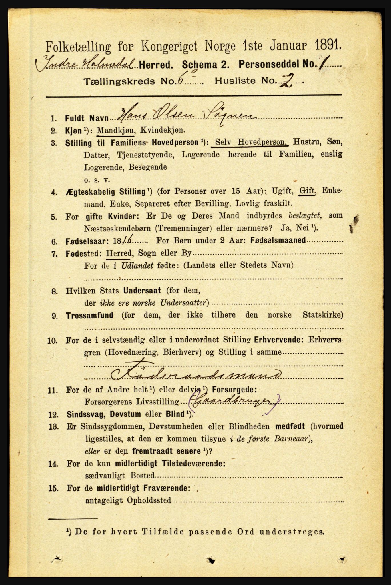 RA, 1891 census for 1430 Indre Holmedal, 1891, p. 2464