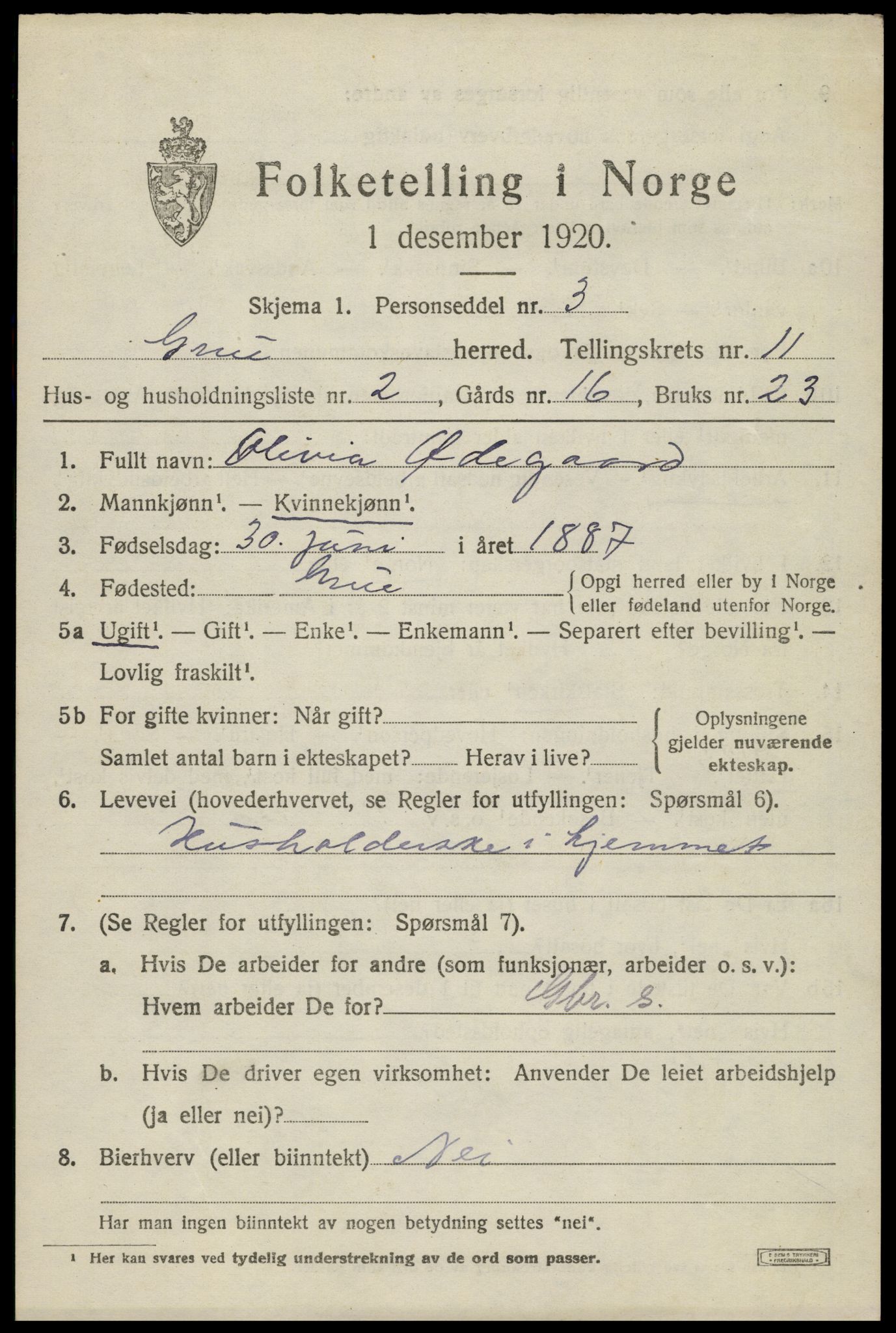 SAH, 1920 census for Grue, 1920, p. 9383