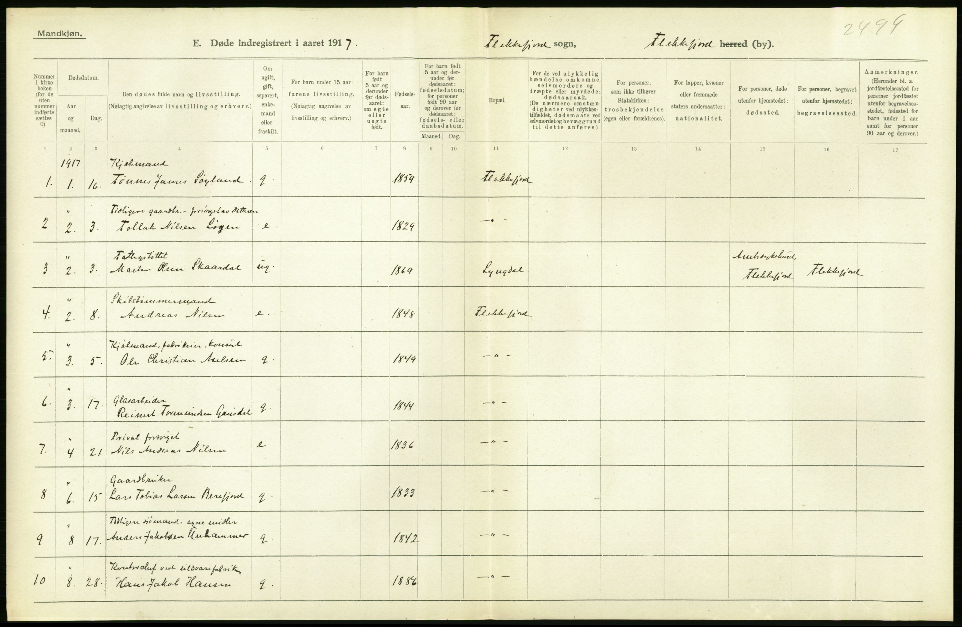 Statistisk sentralbyrå, Sosiodemografiske emner, Befolkning, RA/S-2228/D/Df/Dfb/Dfbg/L0030: Lister og Mandals amt: Gifte, døde, dødfødte. Bygder og byer., 1917, p. 282