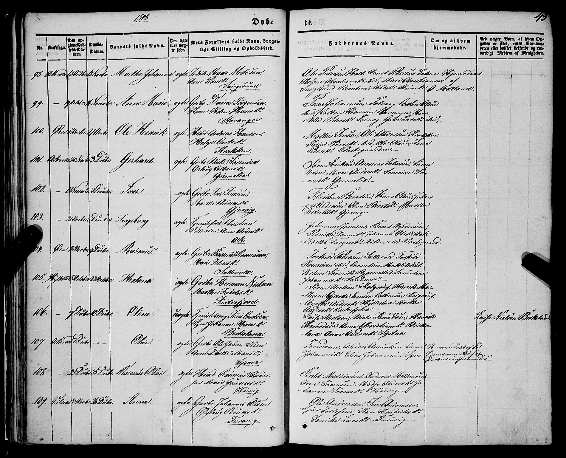 Askvoll sokneprestembete, SAB/A-79501/H/Haa/Haaa/L0011/0001: Parish register (official) no. A 11 I, 1845-1864, p. 43