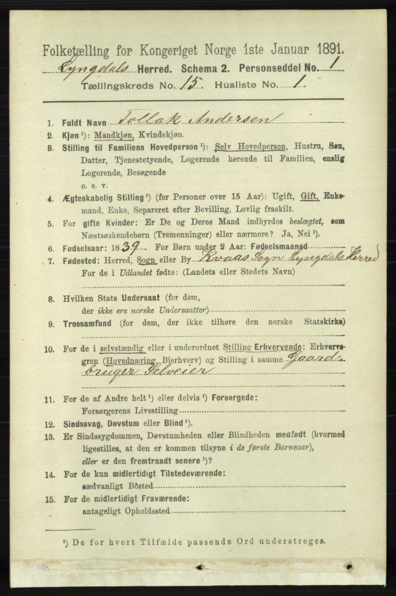 RA, 1891 census for 1032 Lyngdal, 1891, p. 6060