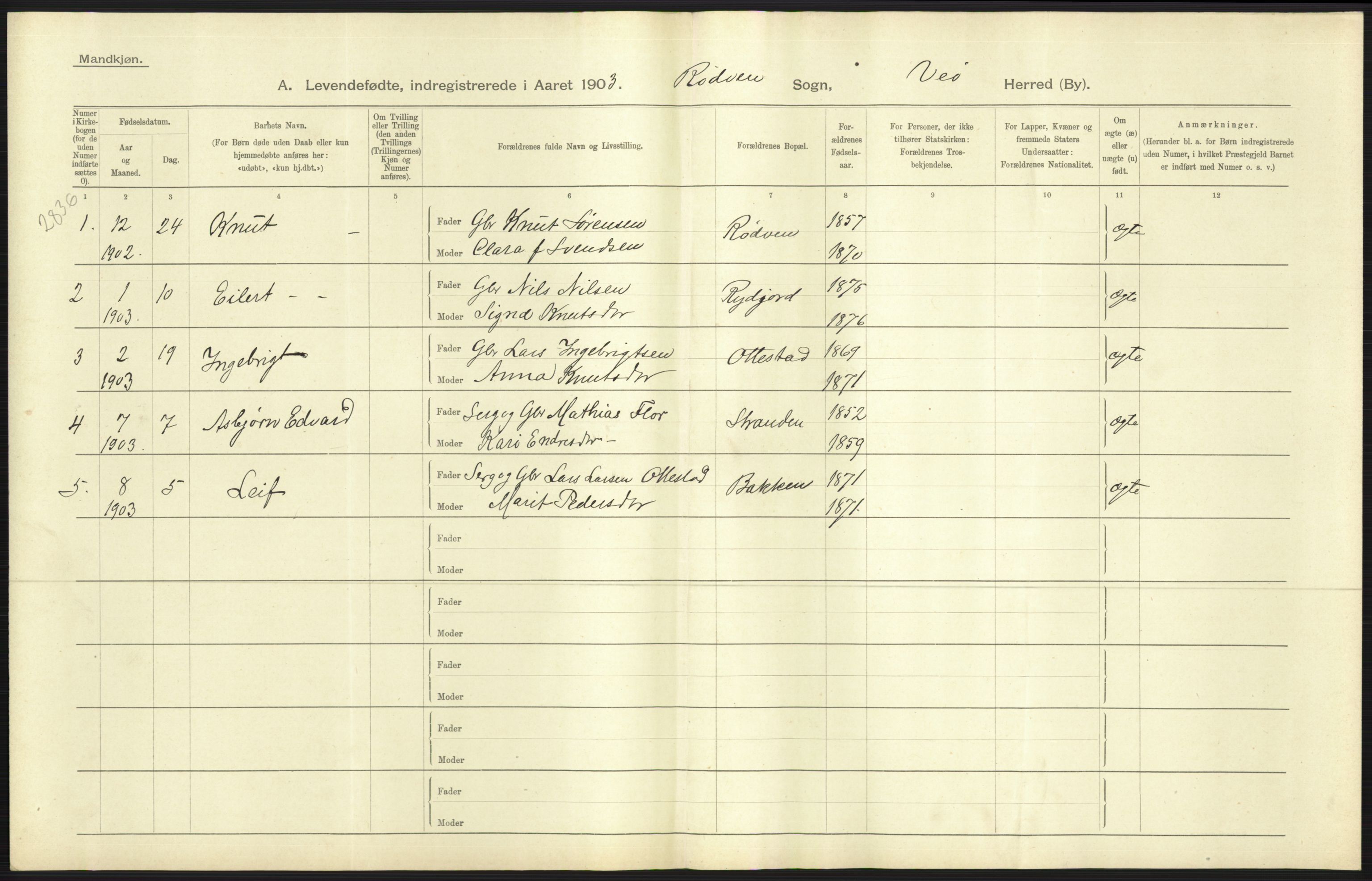 Statistisk sentralbyrå, Sosiodemografiske emner, Befolkning, AV/RA-S-2228/D/Df/Dfa/Dfaa/L0016: Romsdal amt: Fødte, gifte, døde., 1903, p. 61