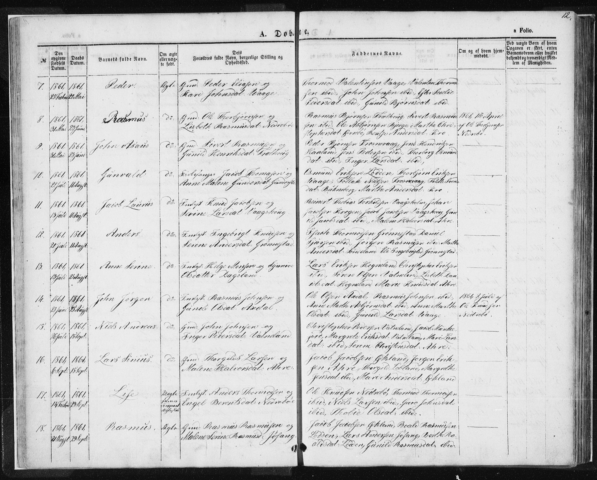 Tysvær sokneprestkontor, AV/SAST-A -101864/H/Ha/Haa/L0004: Parish register (official) no. A 4, 1857-1878, p. 12