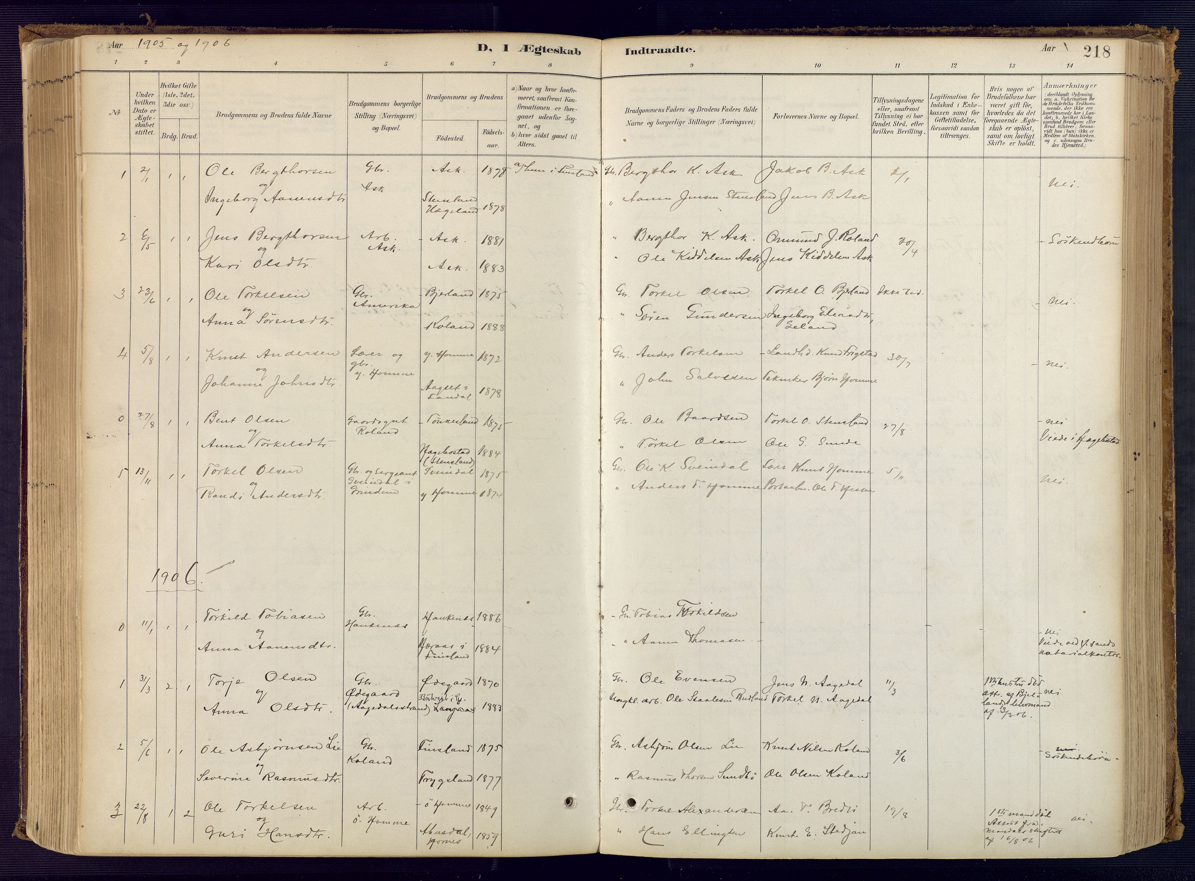 Bjelland sokneprestkontor, SAK/1111-0005/F/Fa/Faa/L0004: Parish register (official) no. A 4, 1887-1923, p. 218
