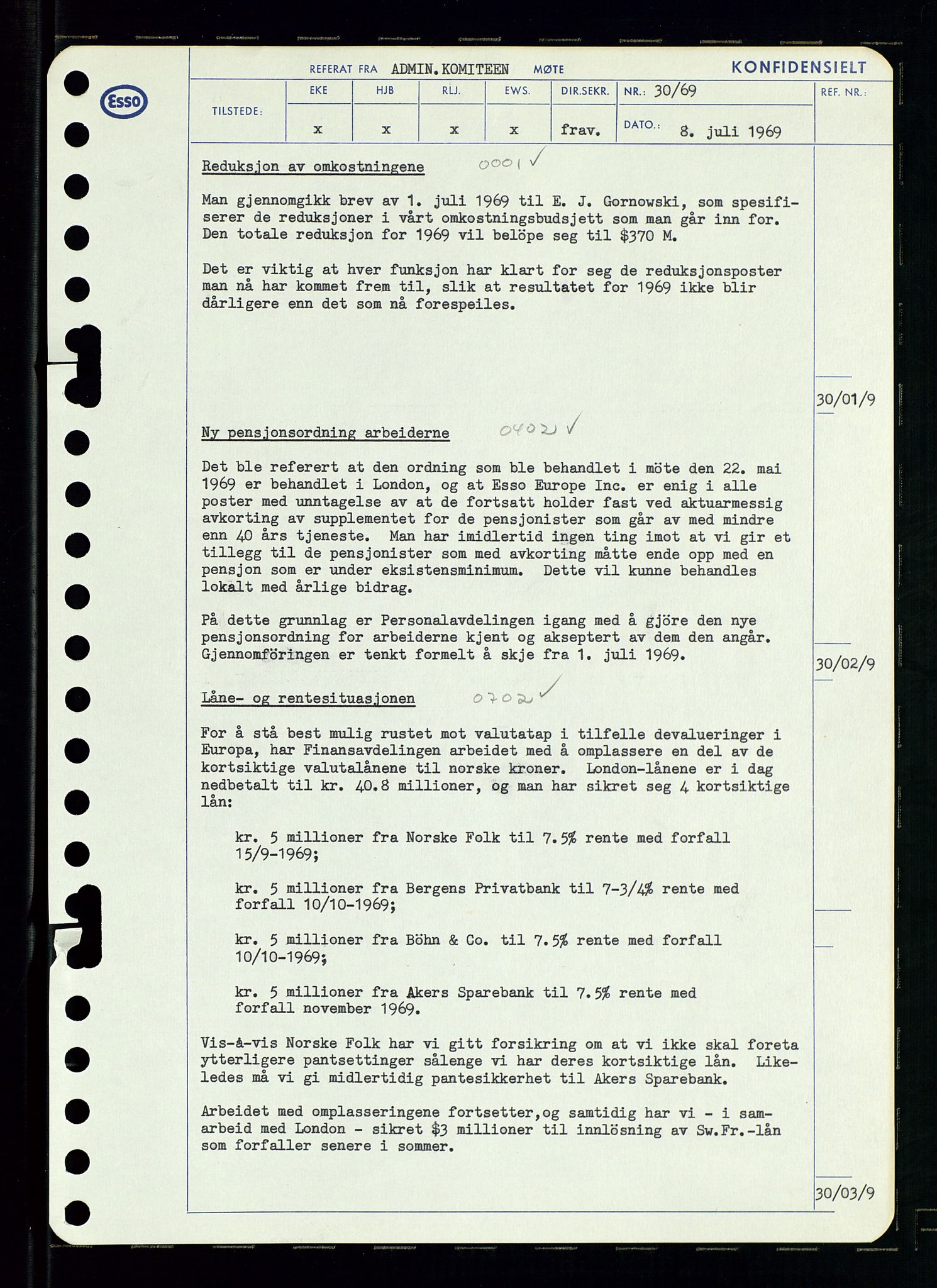 Pa 0982 - Esso Norge A/S, AV/SAST-A-100448/A/Aa/L0003/0001: Den administrerende direksjon Board minutes (styrereferater) og Bedriftforsamlingsprotokoll / Den administrerende direksjon Board minutes (styrereferater), 1969, p. 93