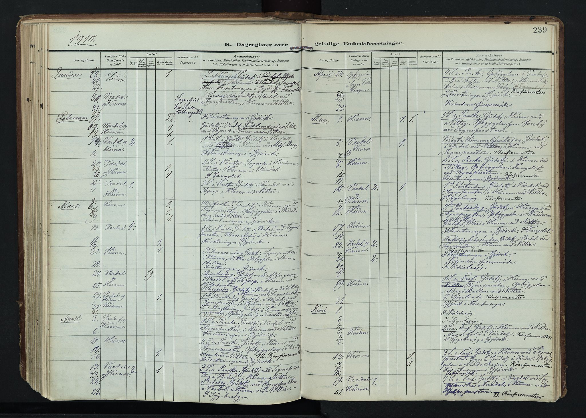 Vardal prestekontor, AV/SAH-PREST-100/H/Ha/Haa/L0020: Parish register (official) no. 20, 1907-1921, p. 239