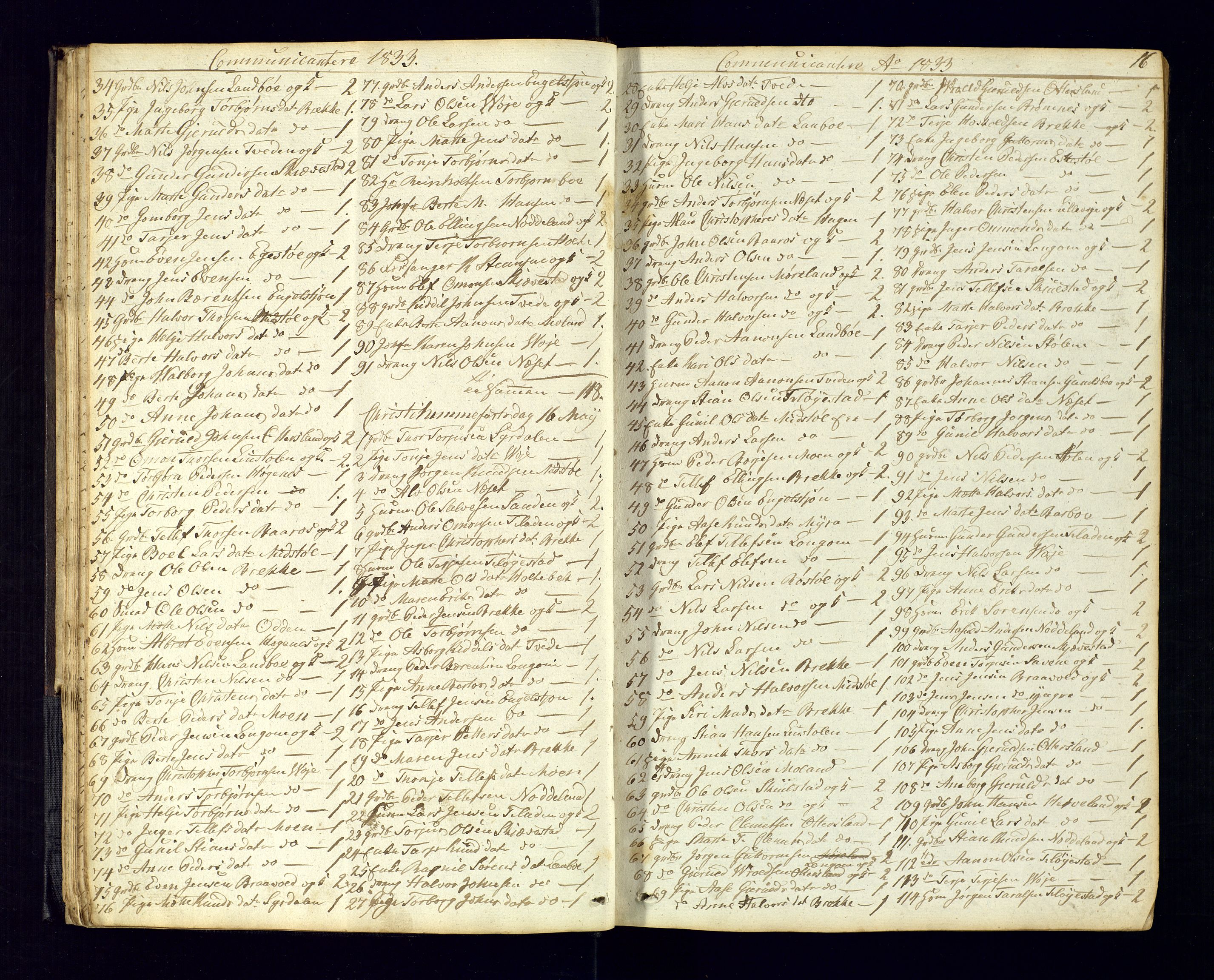 Austre Moland sokneprestkontor, SAK/1111-0001/F/Fc/Fca/L0001: Communicants register no. C-1, 1830-1851, p. 16
