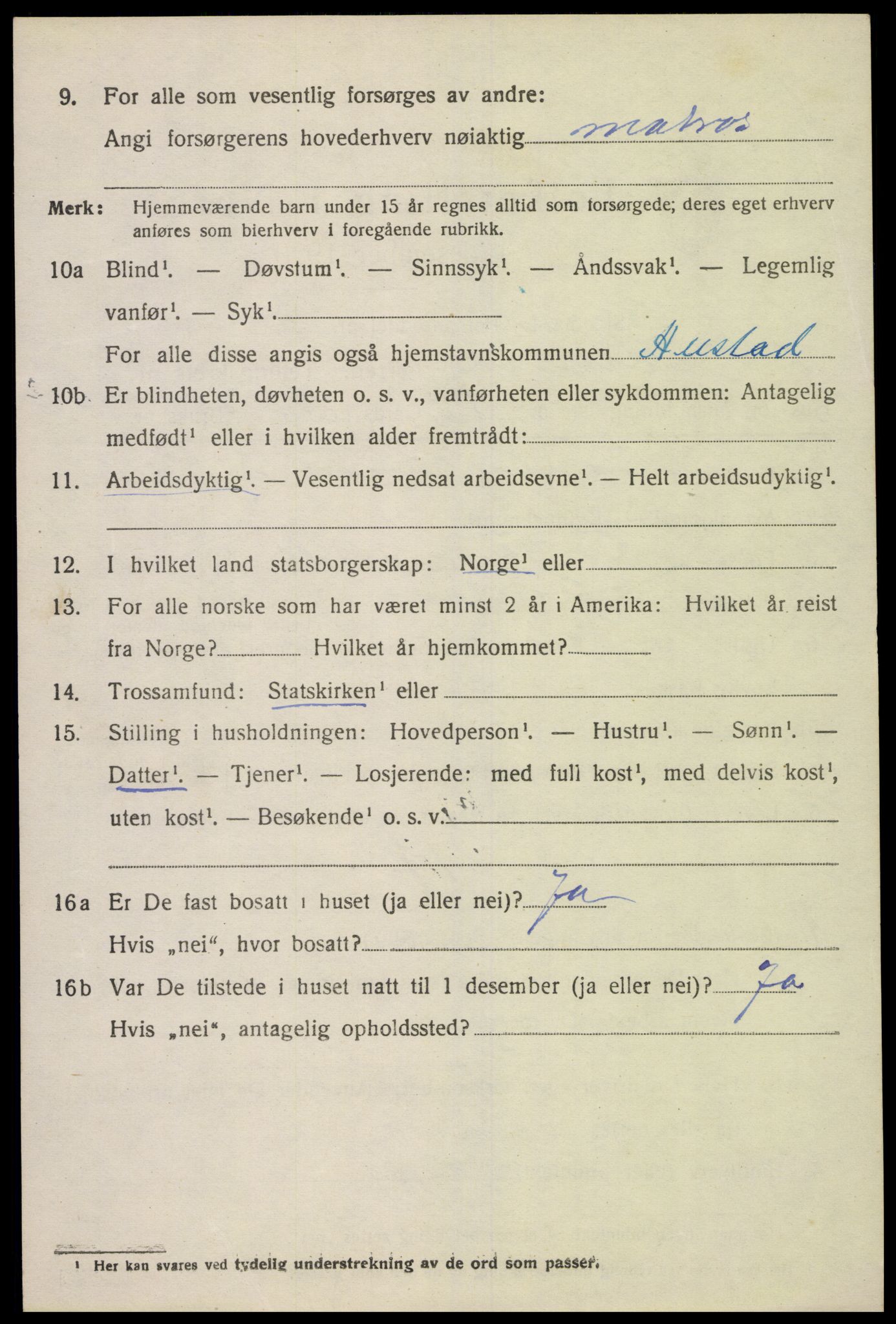 SAK, 1920 census for Austad, 1920, p. 1414