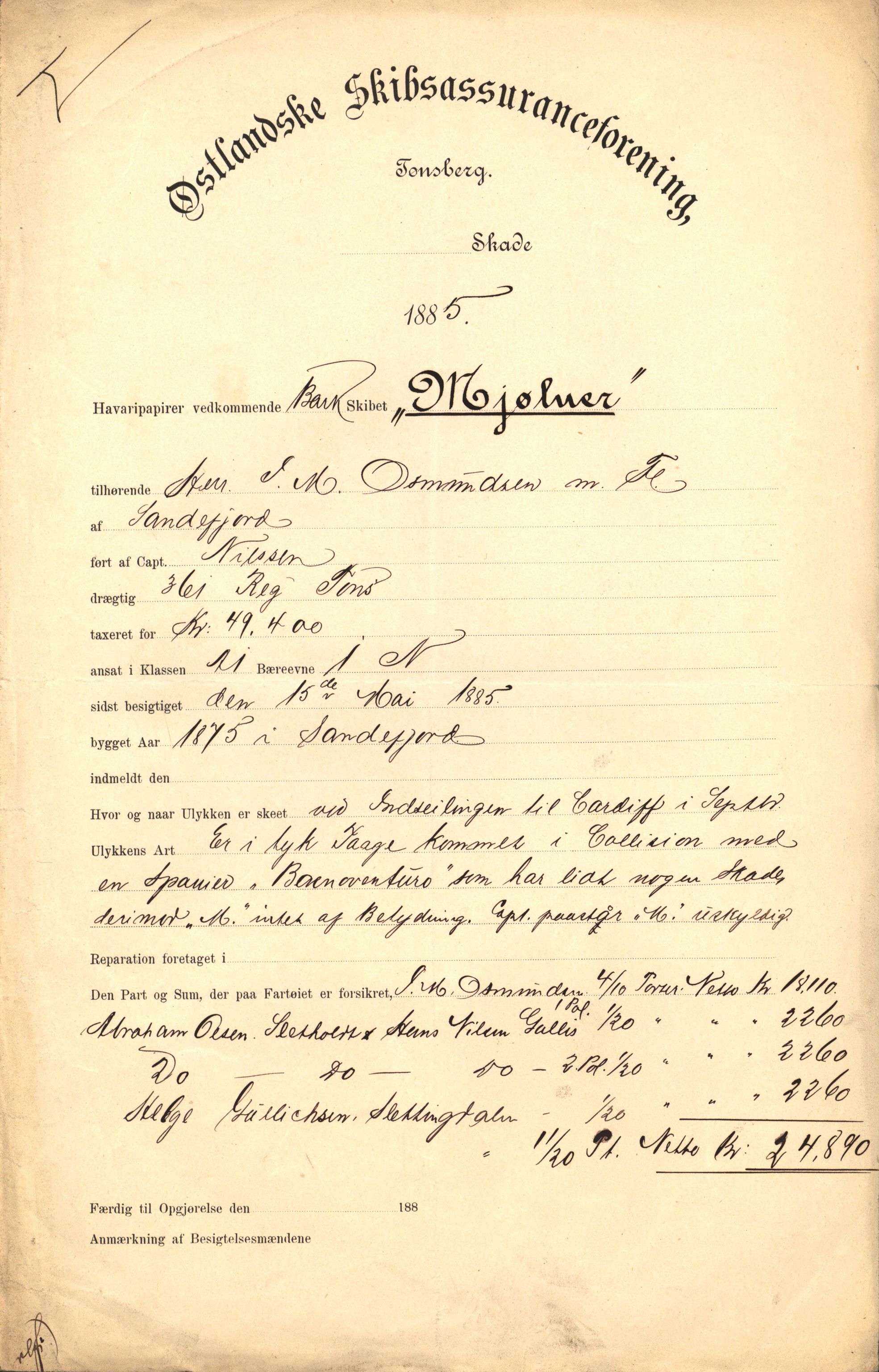 Pa 63 - Østlandske skibsassuranceforening, VEMU/A-1079/G/Ga/L0018/0009: Havaridokumenter / Tellus, Activ, Ellida, Laurel, Møringen, Mjølner, 1885, p. 39
