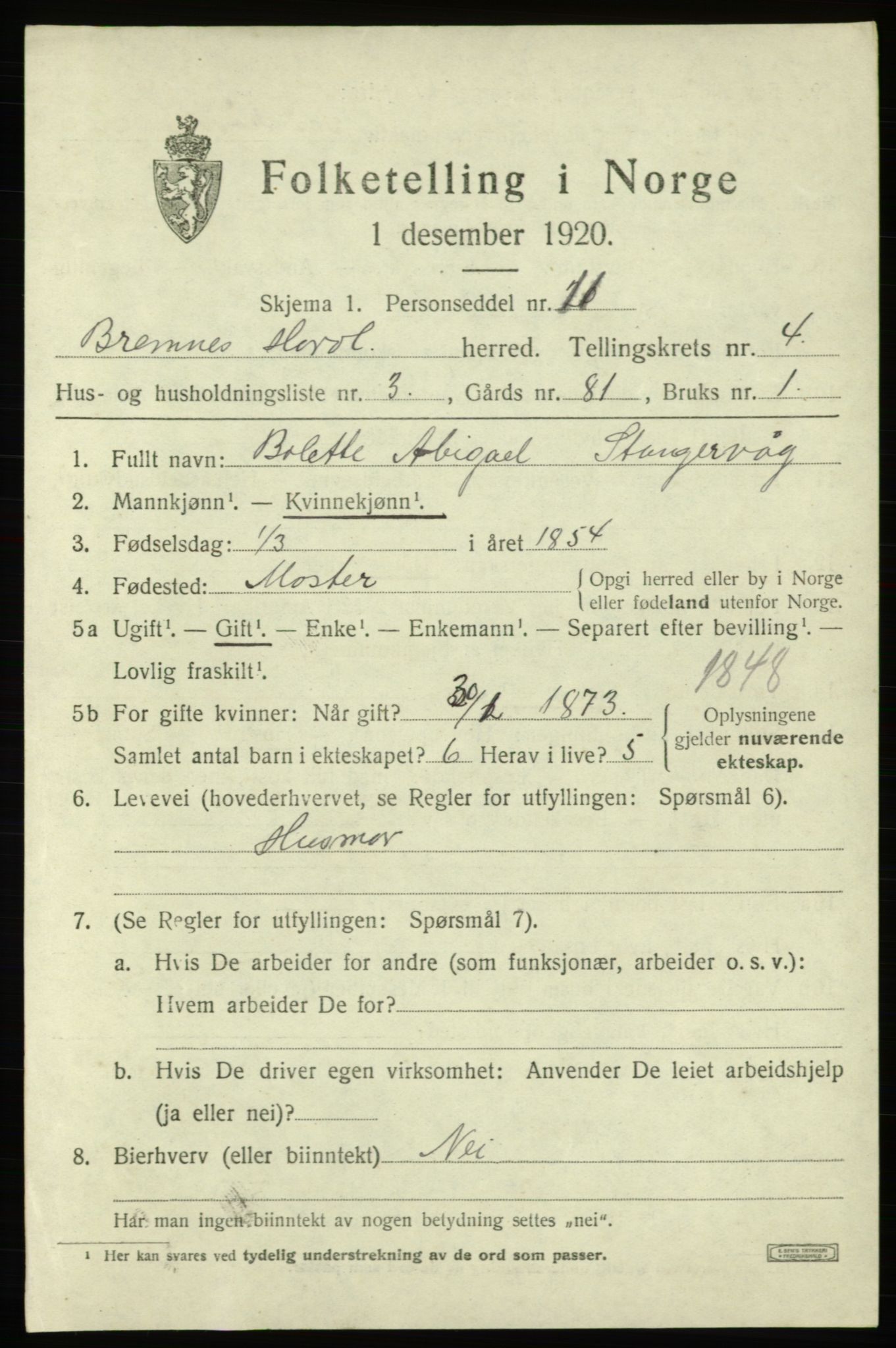 SAB, 1920 census for Bremnes, 1920, p. 1844