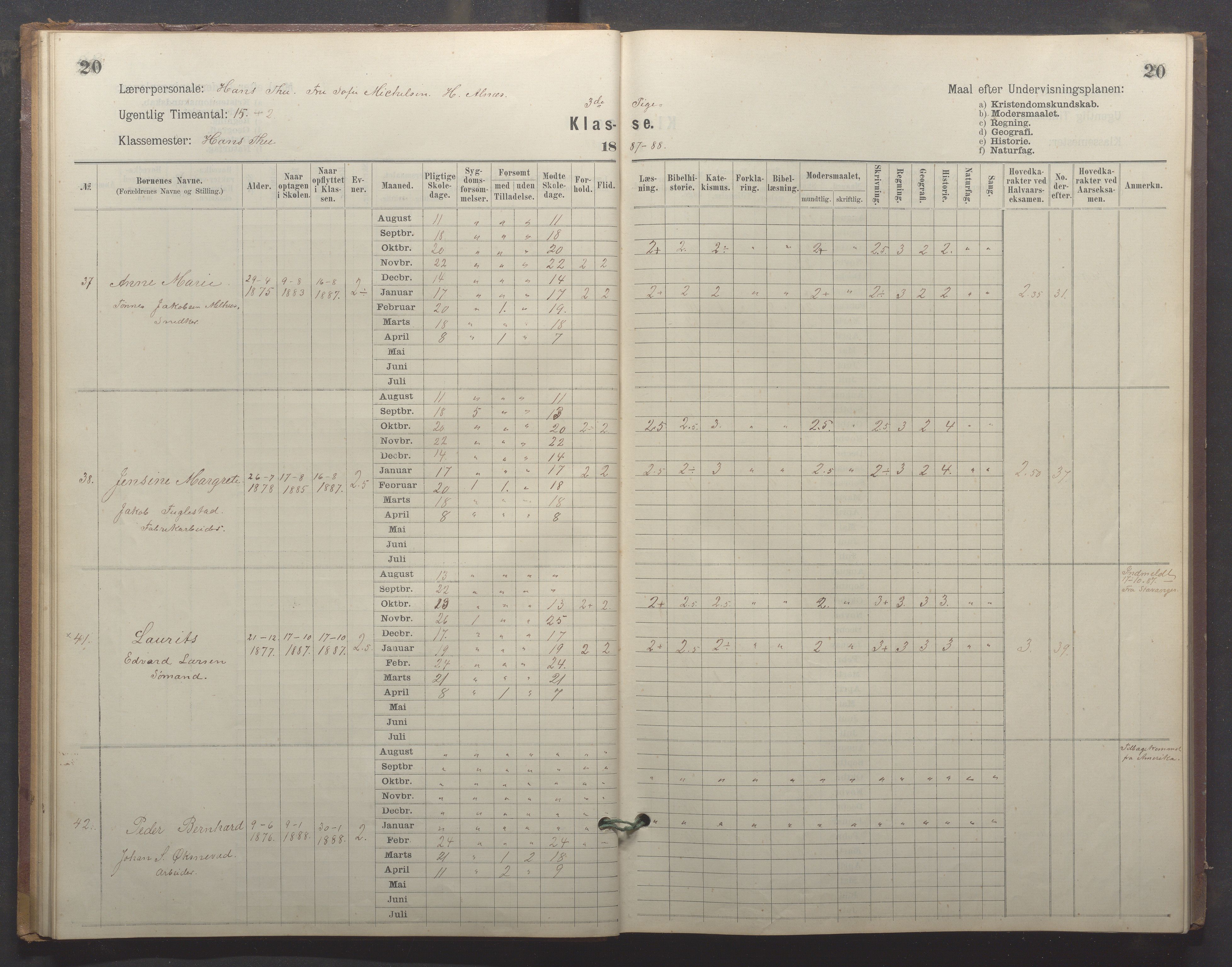 Egersund kommune (Ladested) - Egersund almueskole/folkeskole, IKAR/K-100521/H/L0024: Skoleprotokoll - Almueskolen, 3. klasse, 1887-1892, p. 20