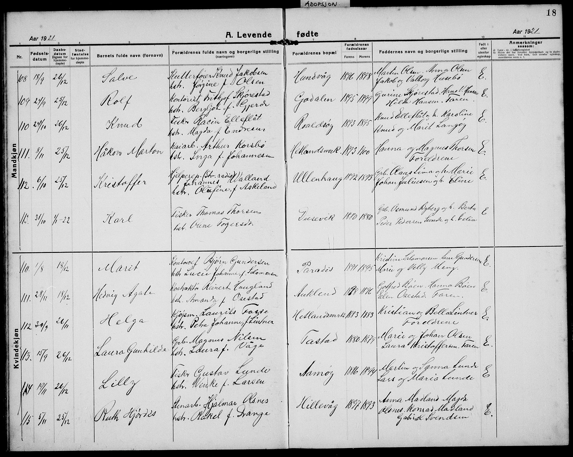 Hetland sokneprestkontor, AV/SAST-A-101826/30/30BB/L0011: Parish register (copy) no. B 11, 1921-1939, p. 18