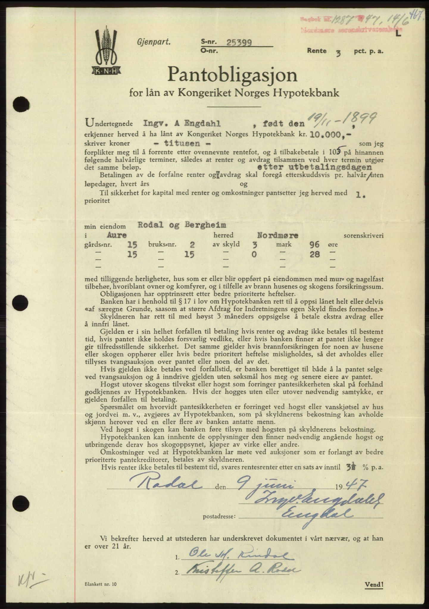 Nordmøre sorenskriveri, AV/SAT-A-4132/1/2/2Ca: Mortgage book no. B96, 1947-1947, Diary no: : 1287/1947