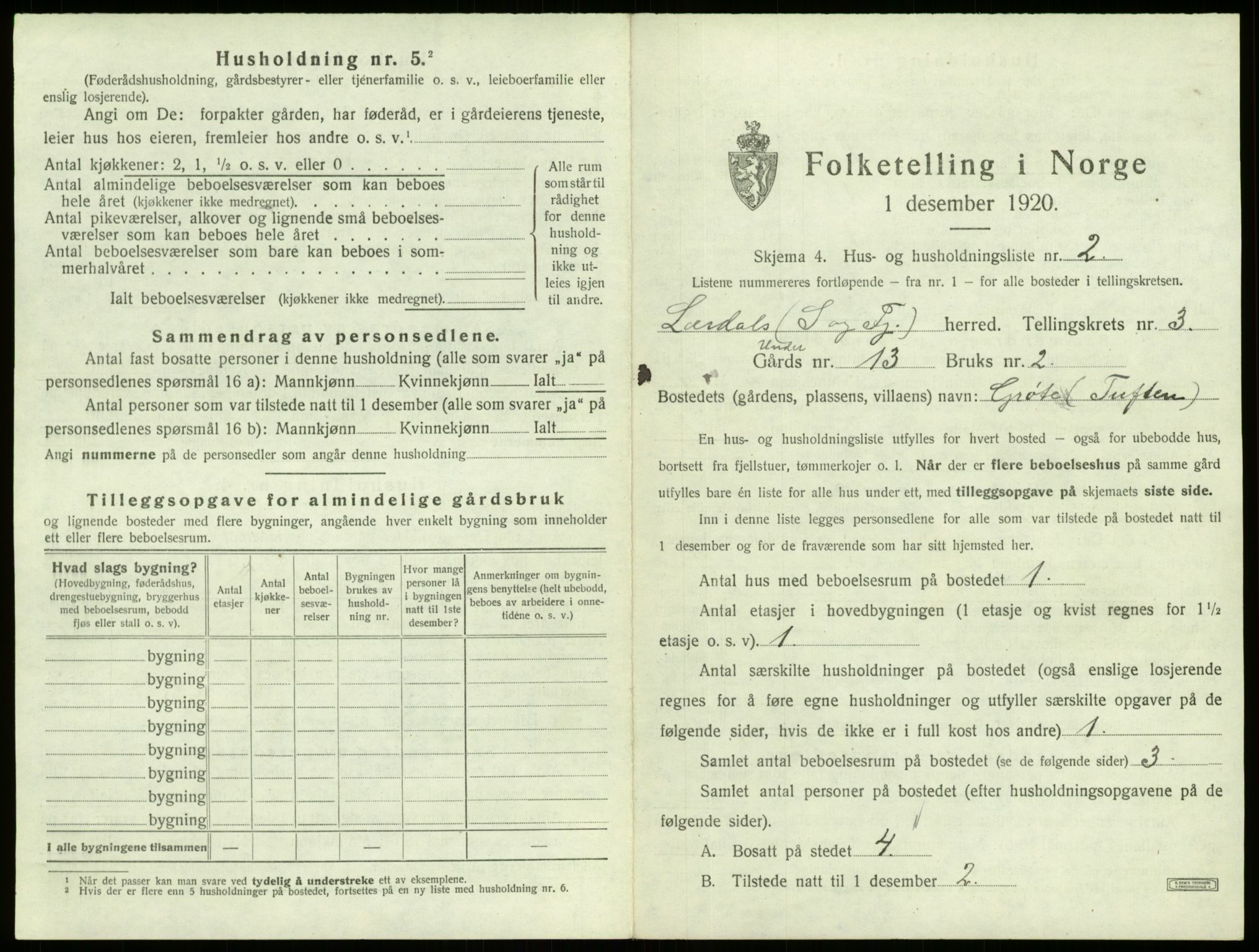 SAB, 1920 census for Lærdal, 1920, p. 219