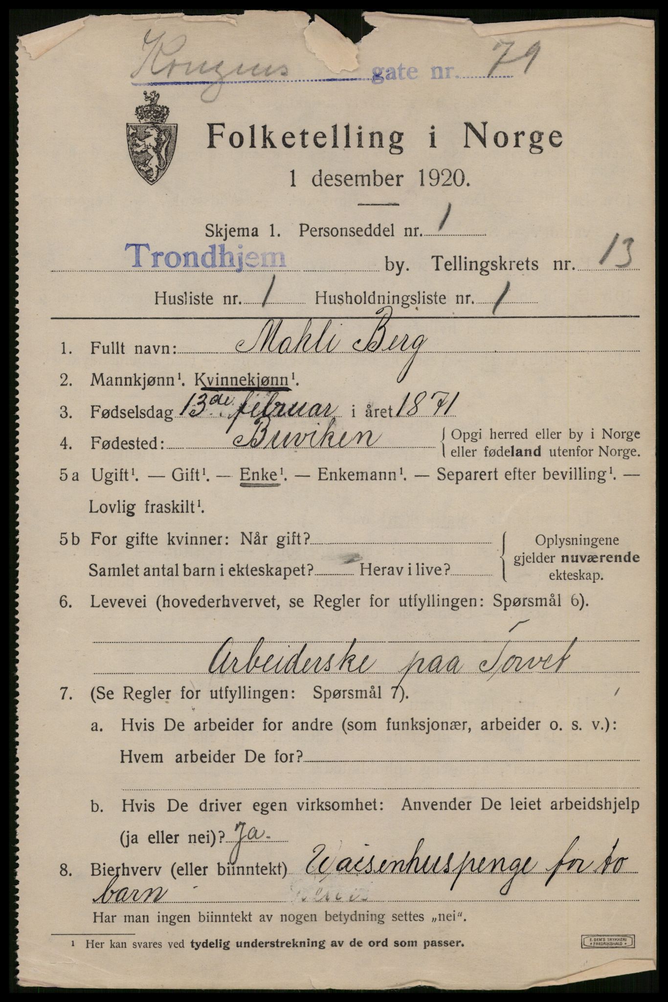 SAT, 1920 census for Trondheim, 1920, p. 49424