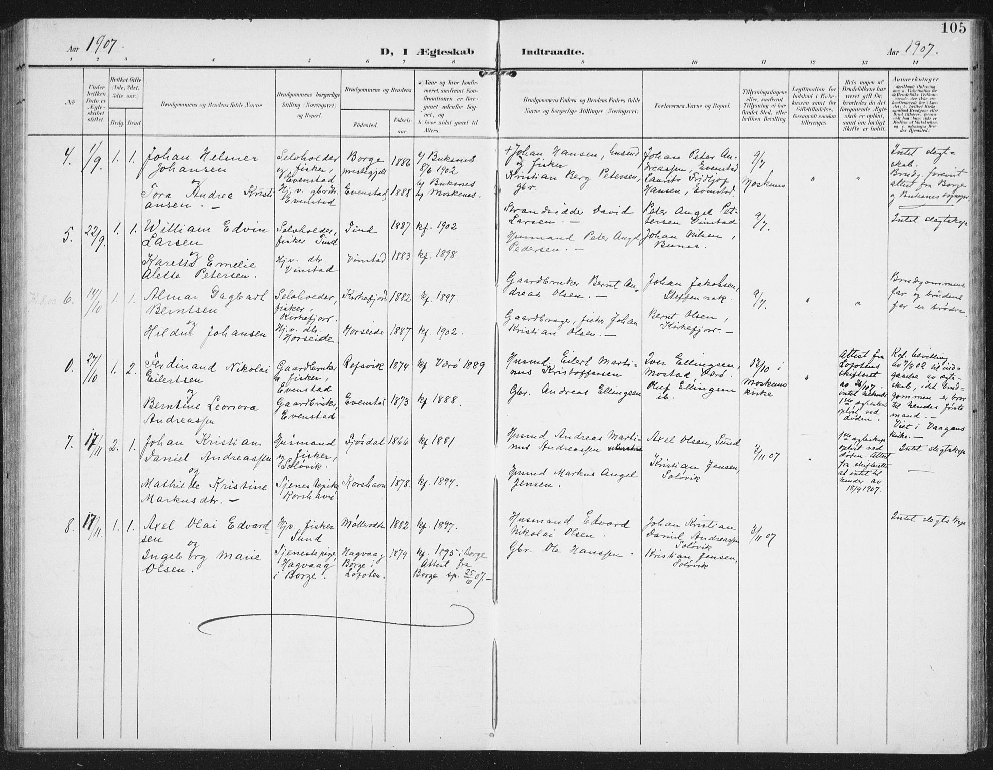 Ministerialprotokoller, klokkerbøker og fødselsregistre - Nordland, AV/SAT-A-1459/886/L1221: Parish register (official) no. 886A03, 1903-1913, p. 105