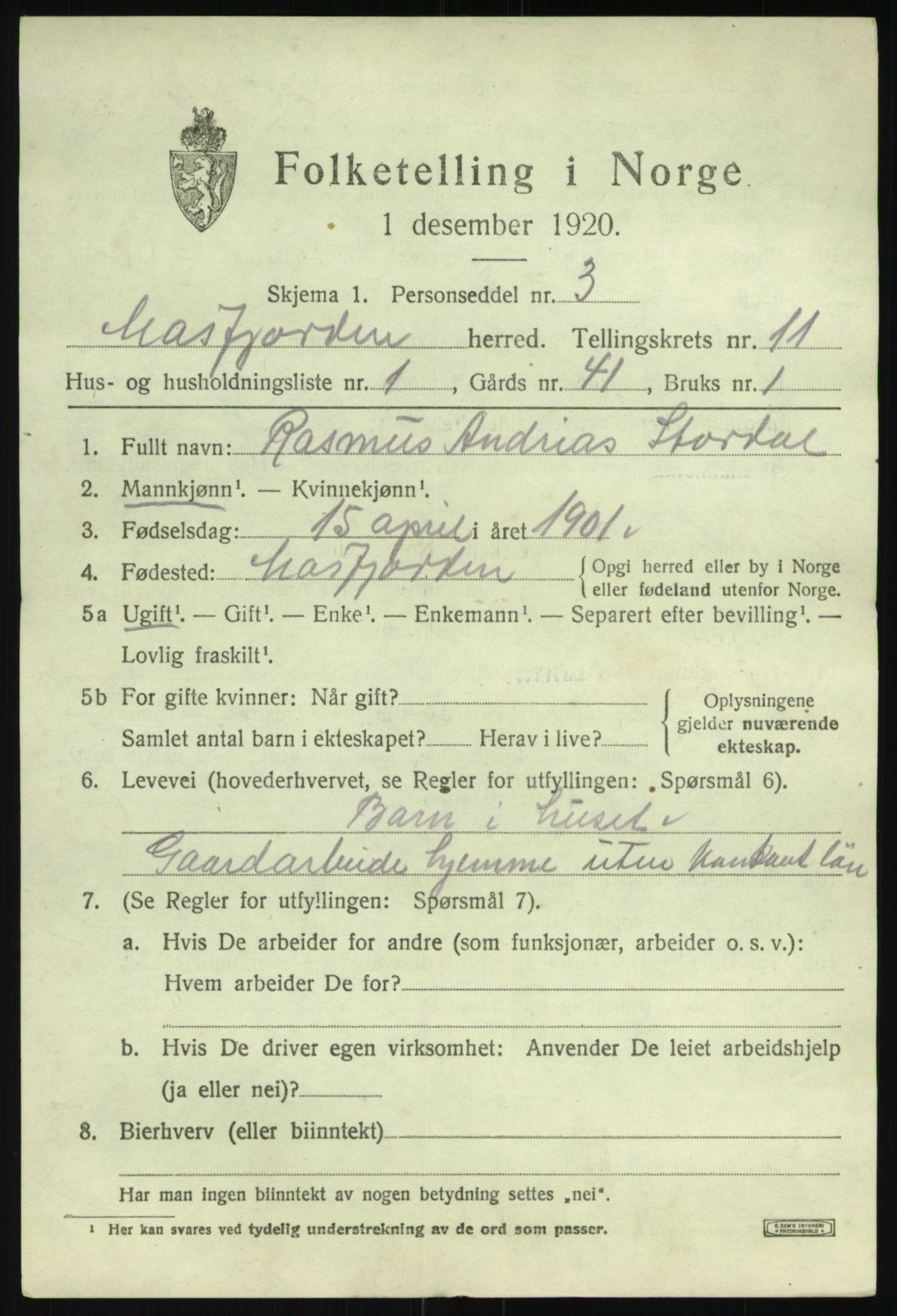 SAB, 1920 census for Masfjorden, 1920, p. 4125