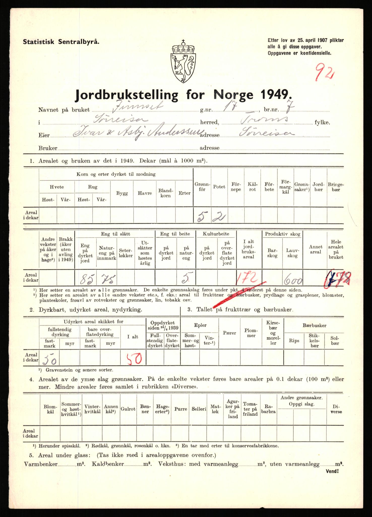 Statistisk sentralbyrå, Næringsøkonomiske emner, Jordbruk, skogbruk, jakt, fiske og fangst, AV/RA-S-2234/G/Gc/L0440: Troms: Sørreisa og Dyrøy, 1949, p. 866