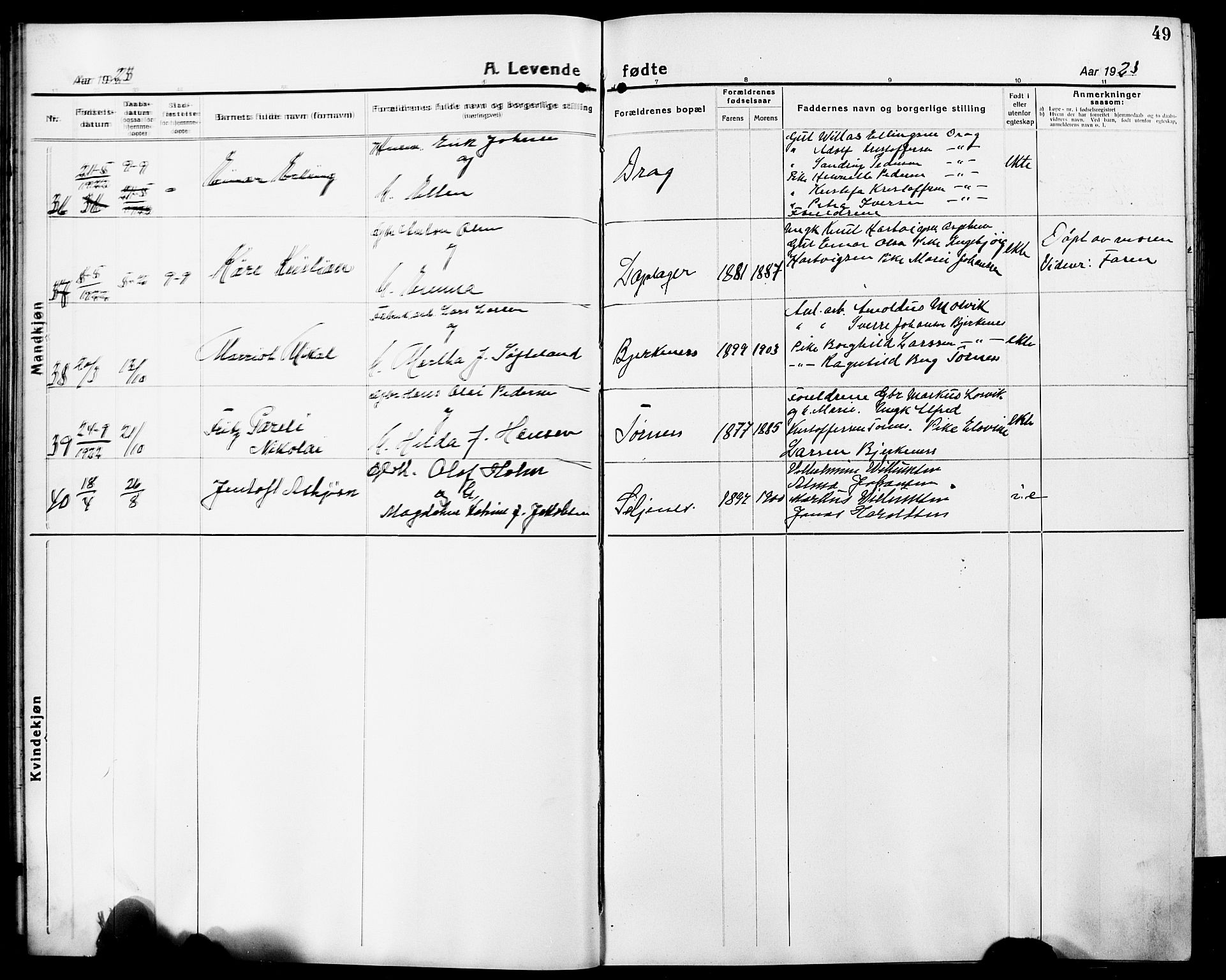 Ministerialprotokoller, klokkerbøker og fødselsregistre - Nordland, AV/SAT-A-1459/861/L0878: Parish register (copy) no. 861C04, 1917-1928, p. 49