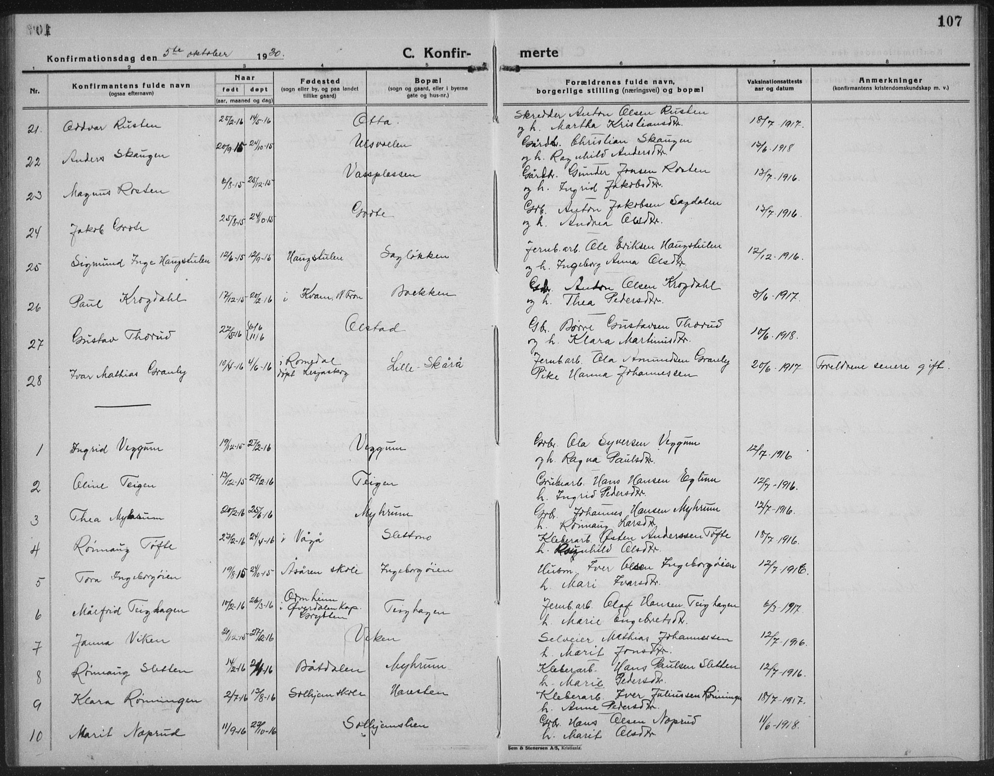 Sel prestekontor, AV/SAH-PREST-074/H/Ha/Hab/L0002: Parish register (copy) no. 2, 1923-1939, p. 107