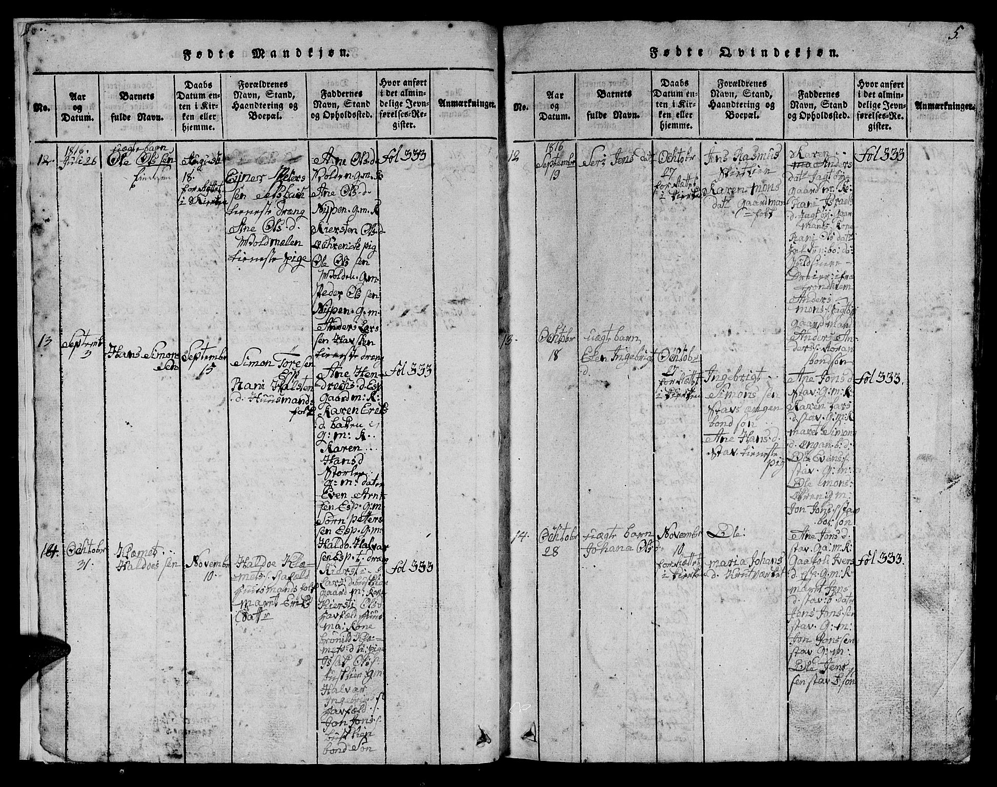 Ministerialprotokoller, klokkerbøker og fødselsregistre - Sør-Trøndelag, AV/SAT-A-1456/613/L0393: Parish register (copy) no. 613C01, 1816-1886, p. 5