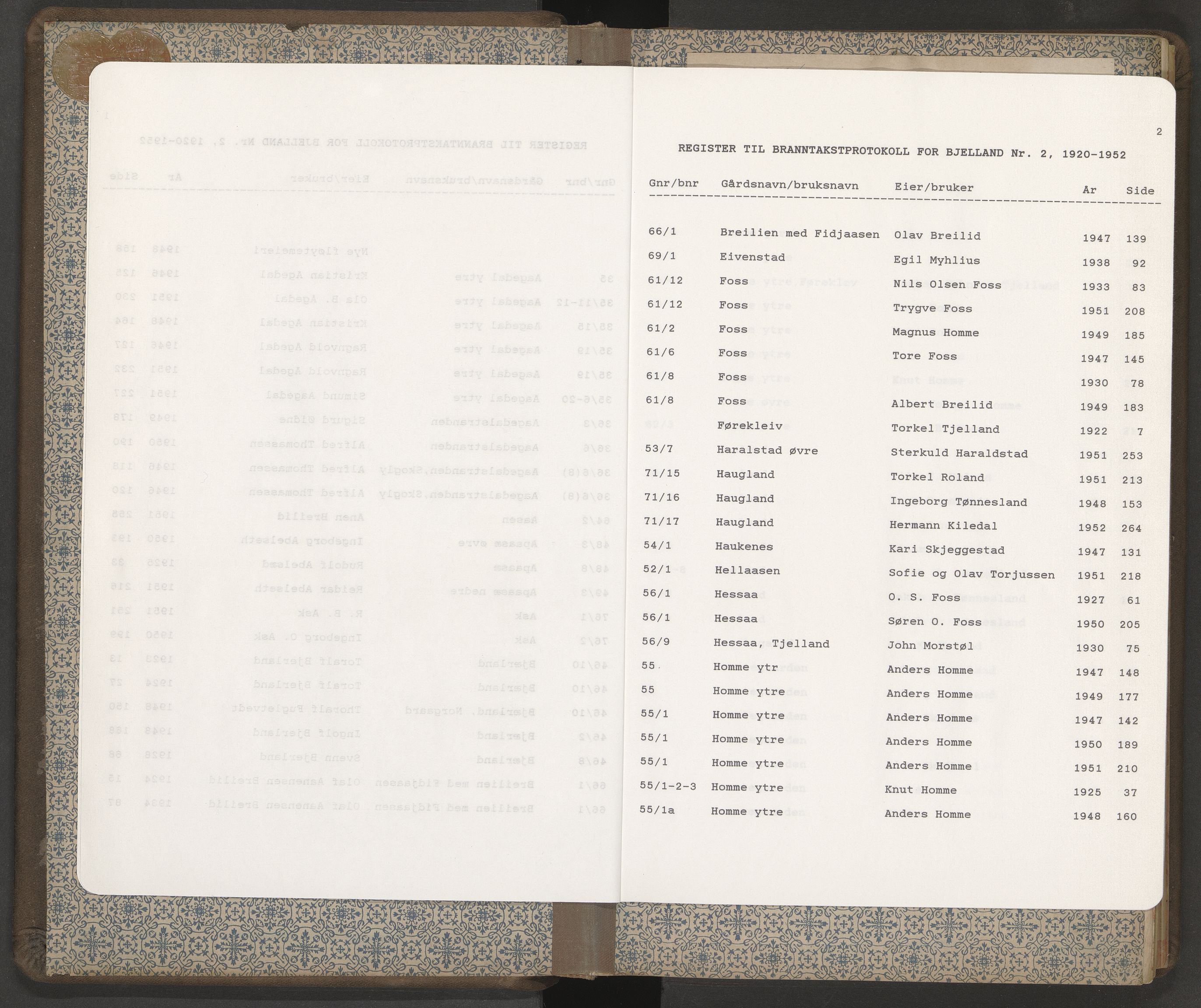 Norges Brannkasse Bjelland, AV/SAK-2241-0006/F/Fa/L0002: Branntakstprotokoll med gårdsnavnregister, 1920-1952