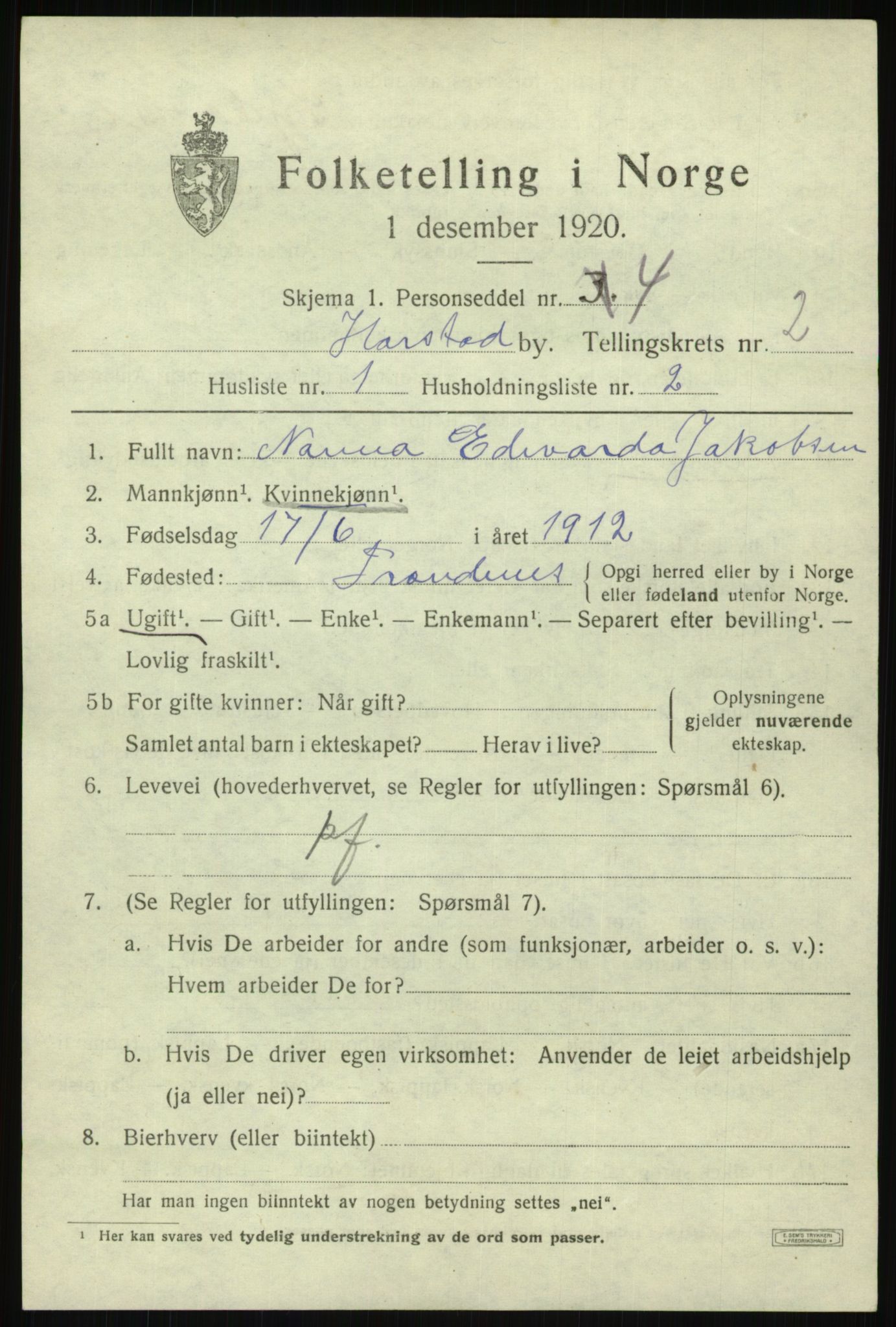 SATØ, 1920 census for Harstad, 1920, p. 2958