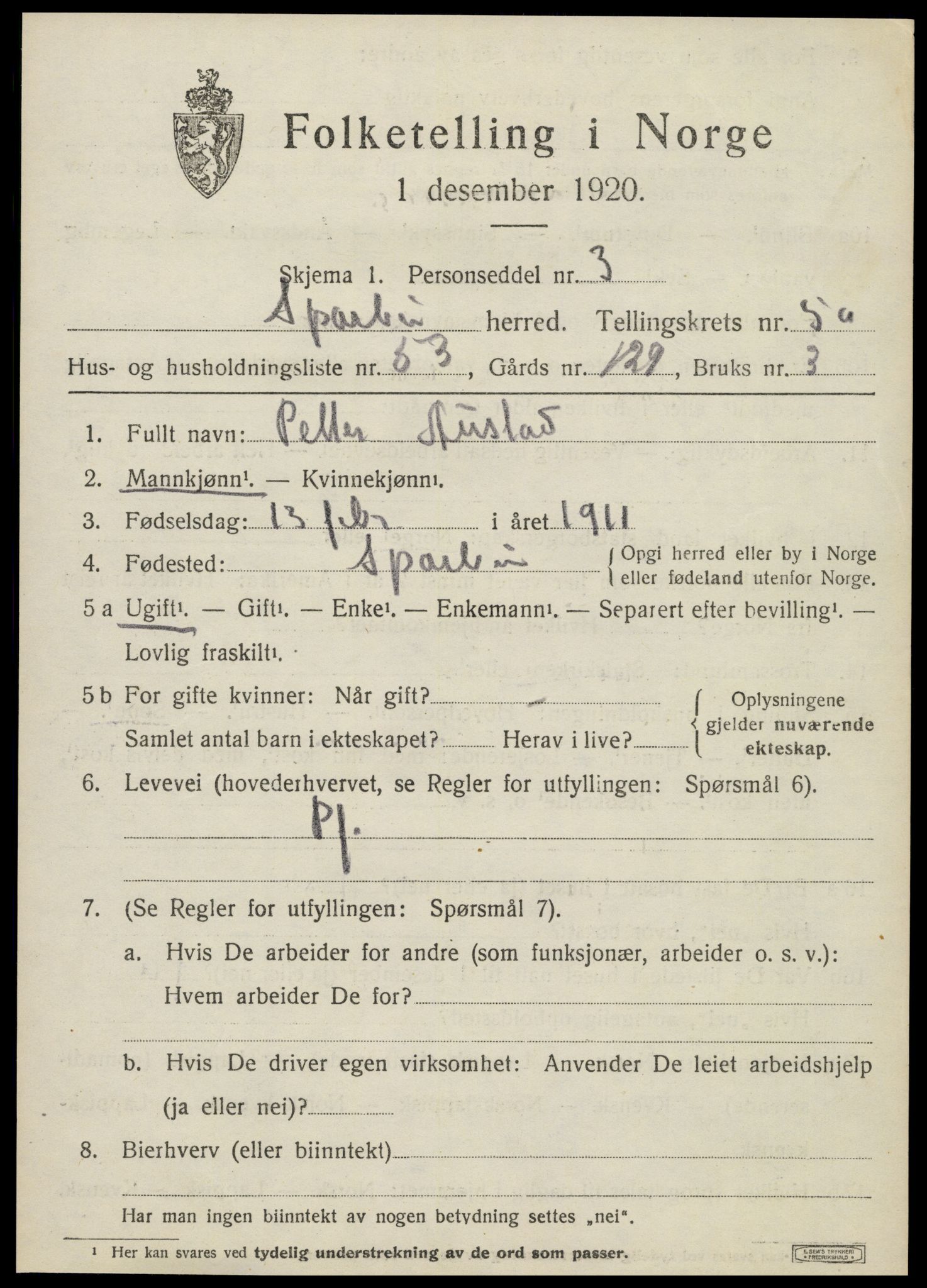 SAT, 1920 census for Sparbu, 1920, p. 6799