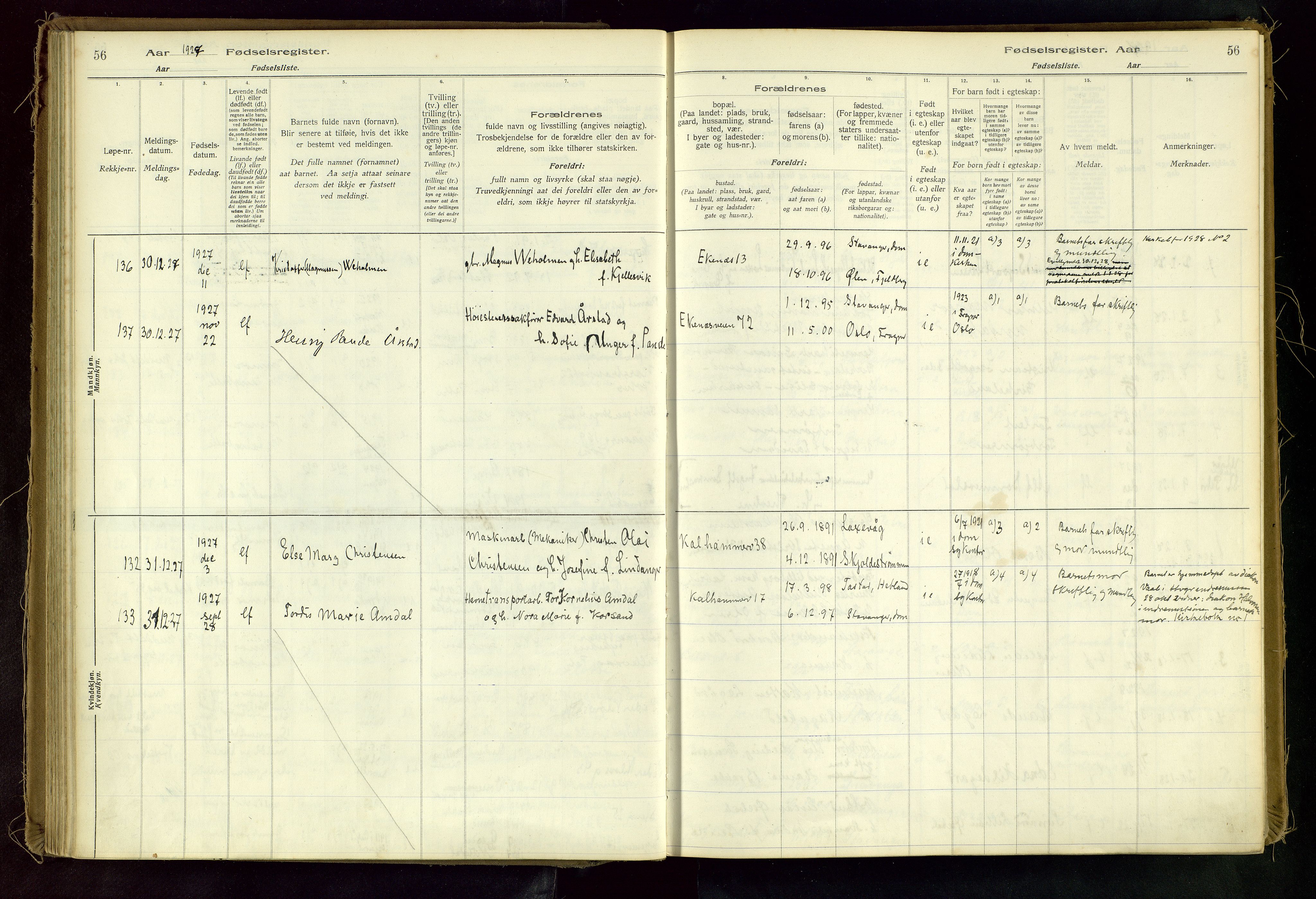 Domkirken sokneprestkontor, AV/SAST-A-101812/002/A/L0001: Birth register no. 1, 1925-1932, p. 56