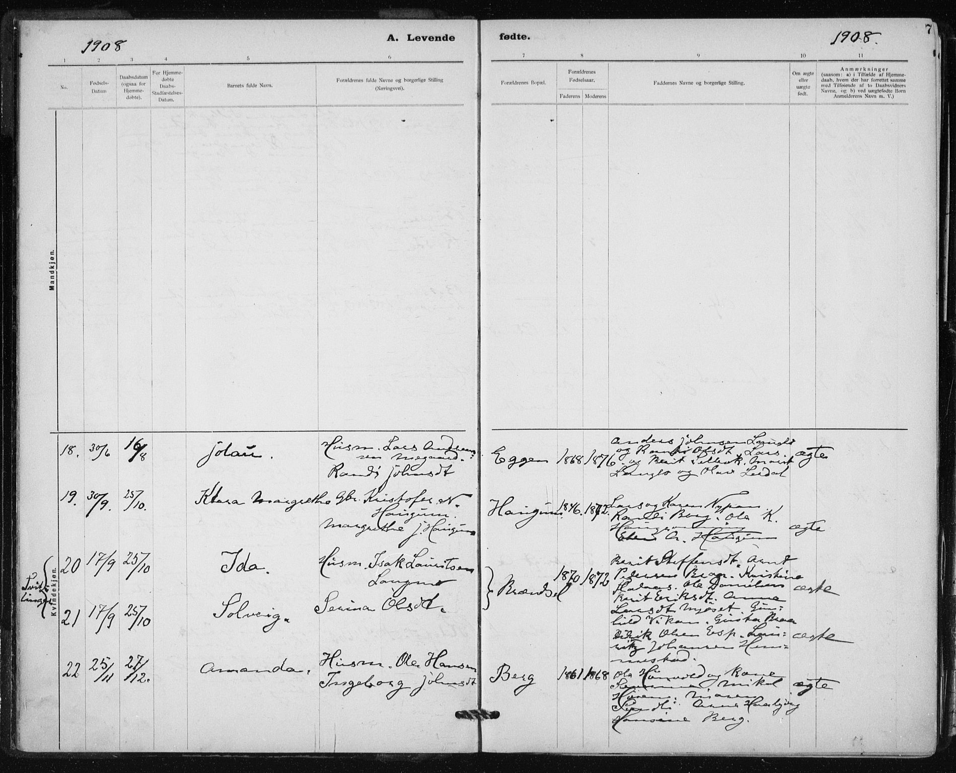 Ministerialprotokoller, klokkerbøker og fødselsregistre - Sør-Trøndelag, AV/SAT-A-1456/612/L0381: Parish register (official) no. 612A13, 1907-1923, p. 7