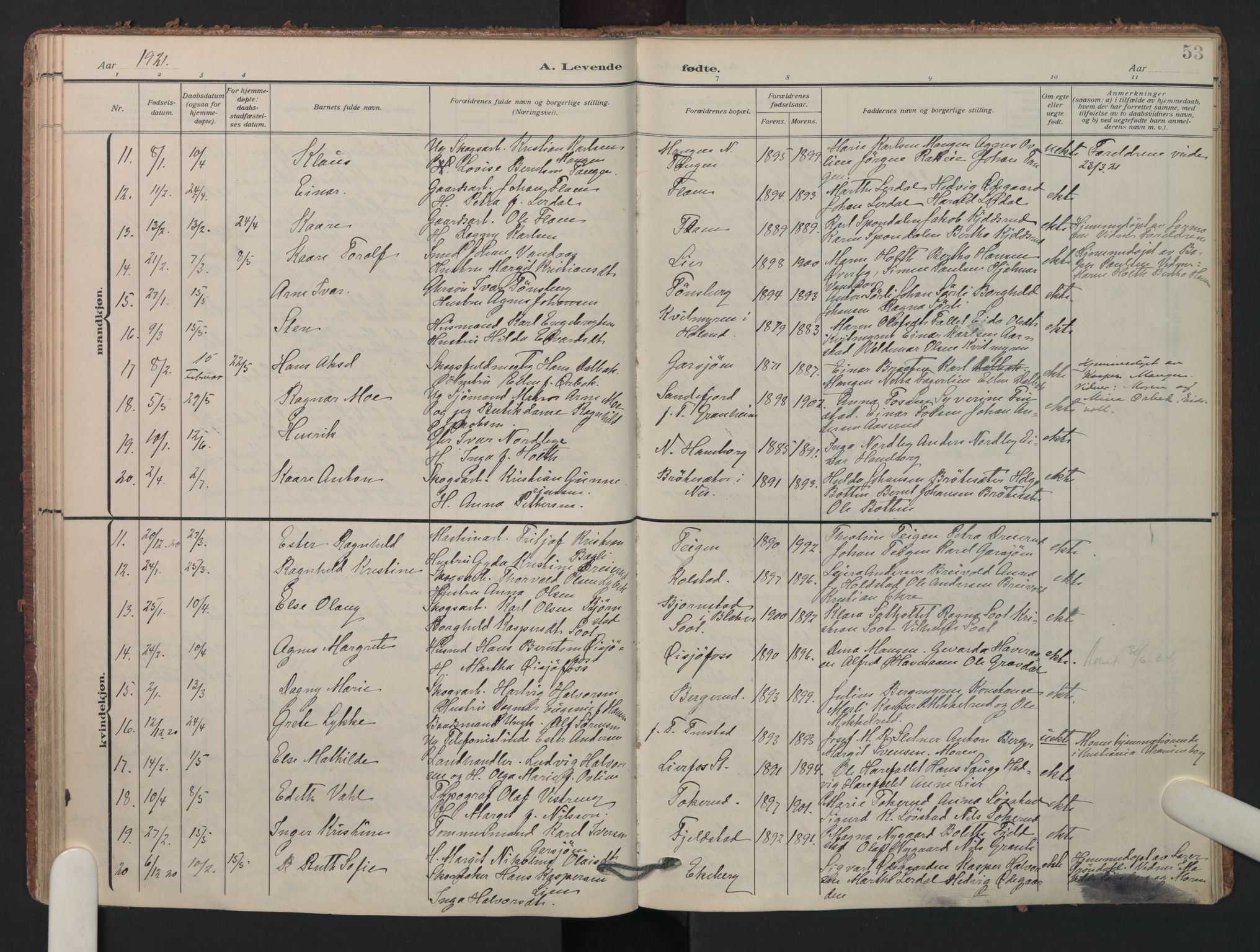 Aurskog prestekontor Kirkebøker, SAO/A-10304a/F/Fa/L0014: Parish register (official) no. I 14, 1911-1926, p. 53