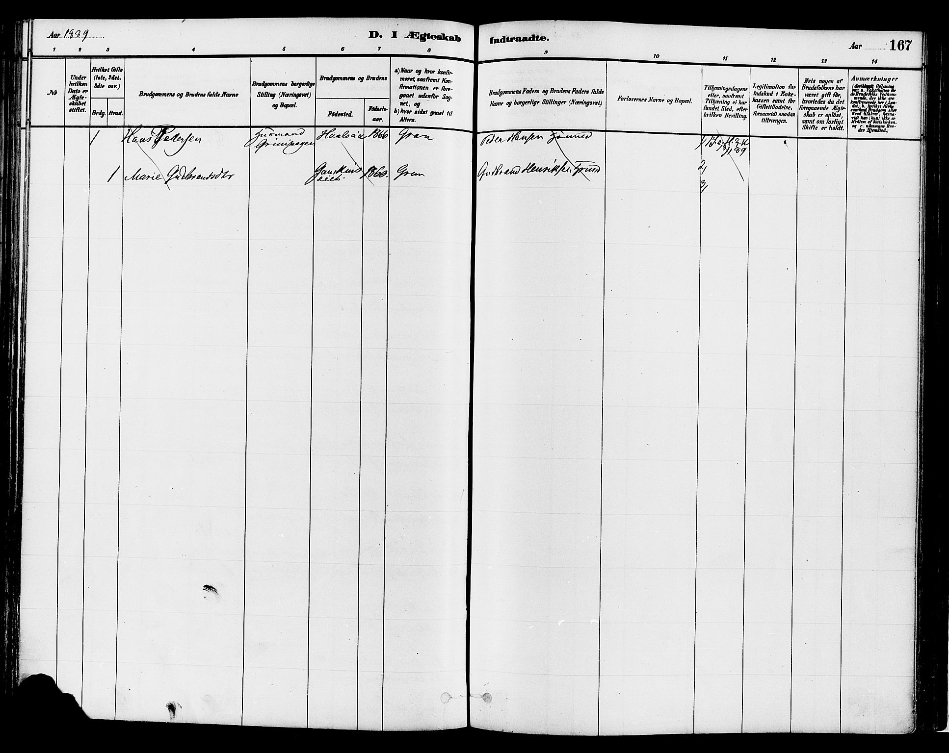 Gran prestekontor, SAH/PREST-112/H/Ha/Haa/L0014: Parish register (official) no. 14, 1880-1889, p. 167