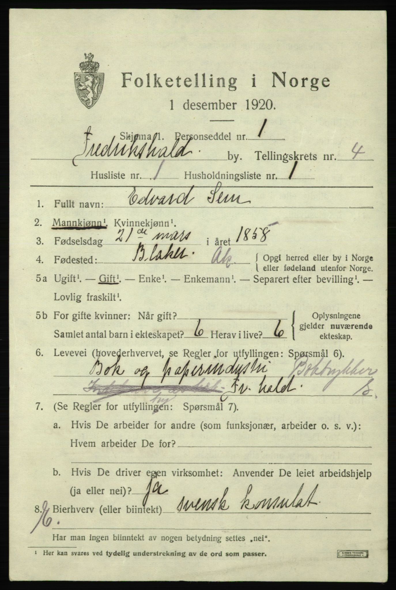 SAO, 1920 census for Fredrikshald, 1920, p. 11261