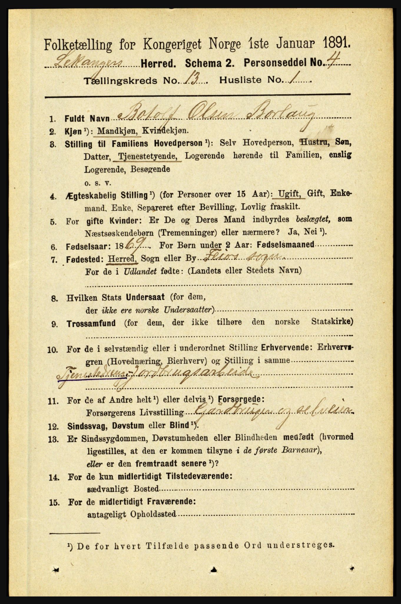 RA, 1891 census for 1419 Leikanger, 1891, p. 2458